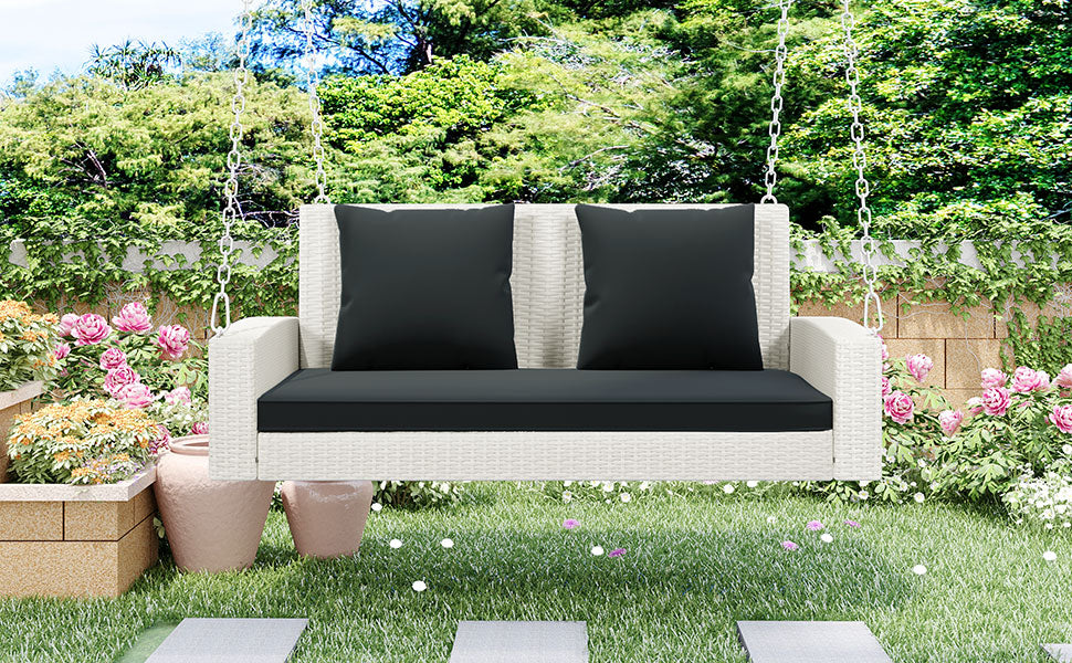 2-Person Wicker Hanging Porch Swing with Chains, Cushion and Pillow BOGOOS01W-G