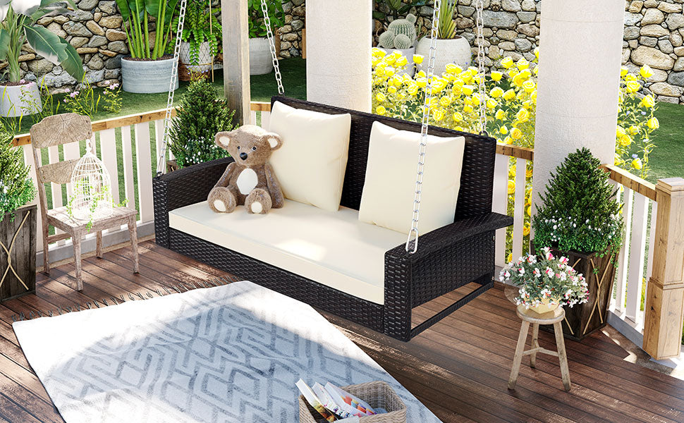 2-Person Wicker Hanging Porch Swing with Chains, Cushion and Pillow BOGOOS01BRO-BEG