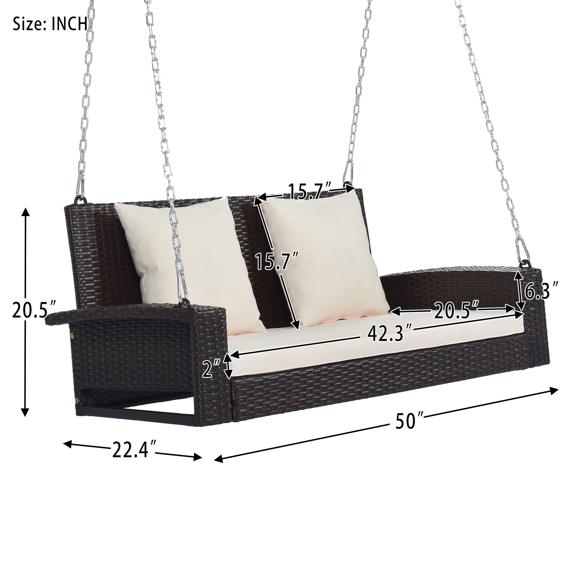 2-Person Wicker Hanging Porch Swing with Chains, Cushion and Pillow BOGOOS01BRO-BEG
