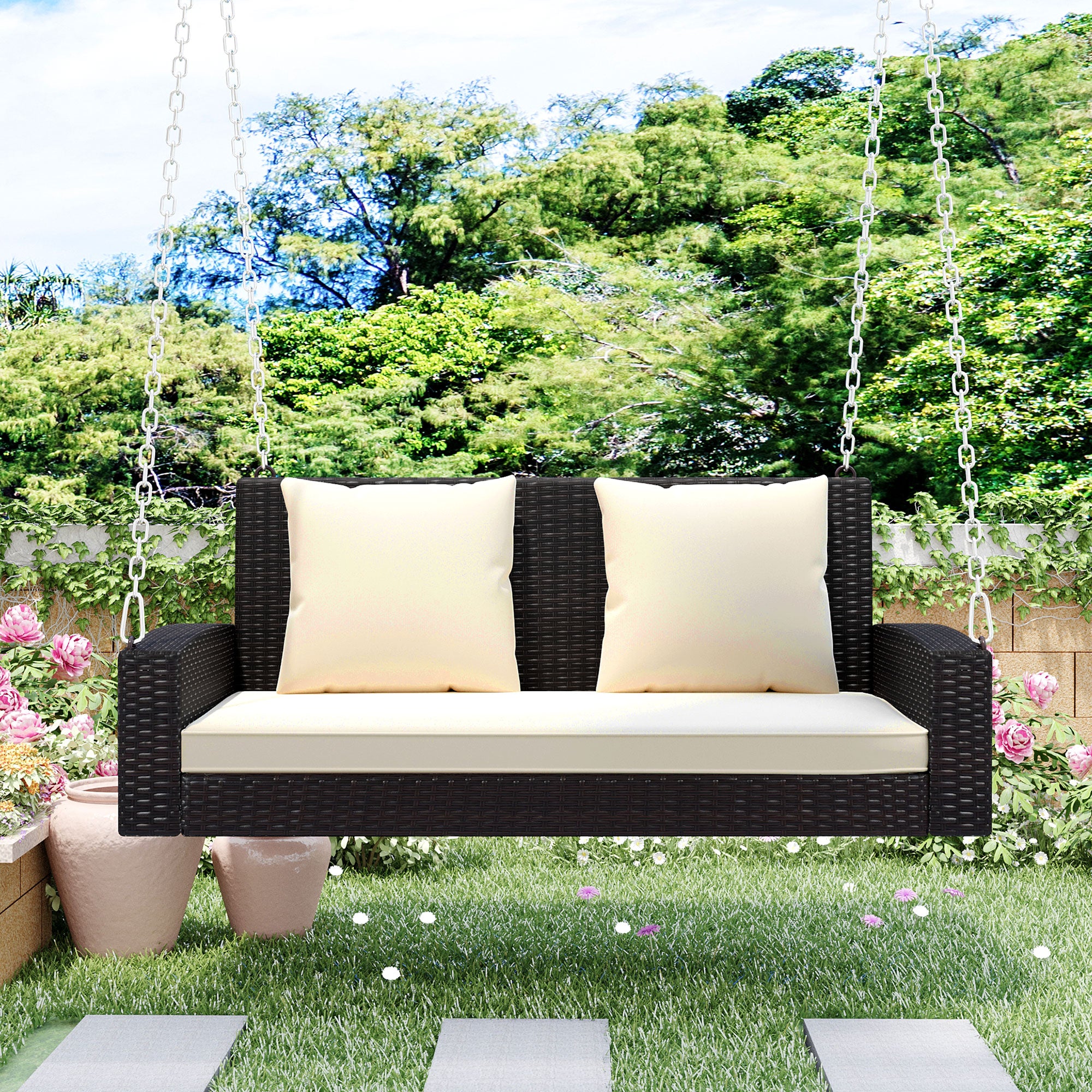 2-Person Wicker Hanging Porch Swing with Chains, Cushion and Pillow BOGOOS01BRO-BEG