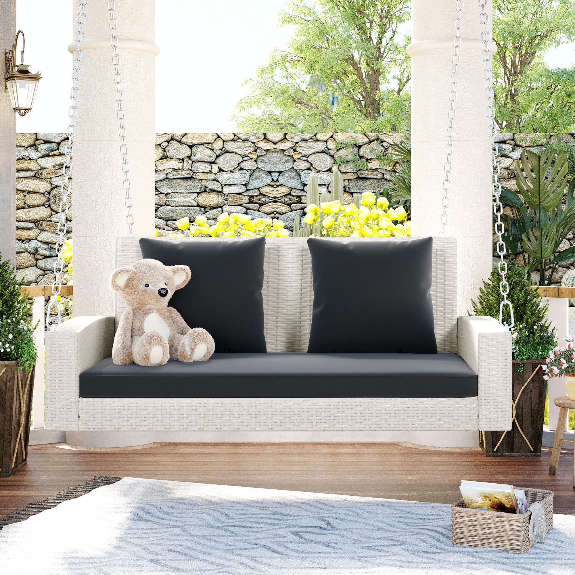2-Person Wicker Hanging Porch Swing with Chains, Cushion and Pillow BOGOOS01W-G