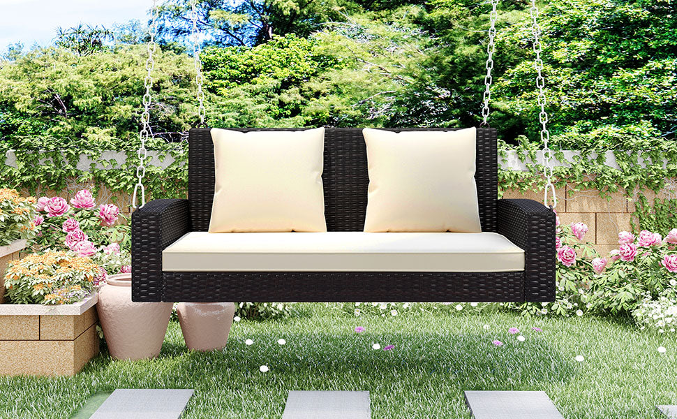 2-Person Wicker Hanging Porch Swing with Chains, Cushion and Pillow BOGOOS01BRO-BEG