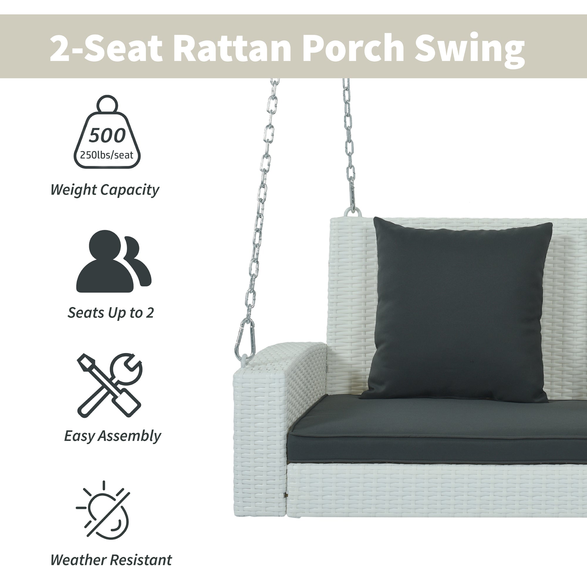 2-Person Wicker Hanging Porch Swing with Chains, Cushion and Pillow BOGOOS01W-G