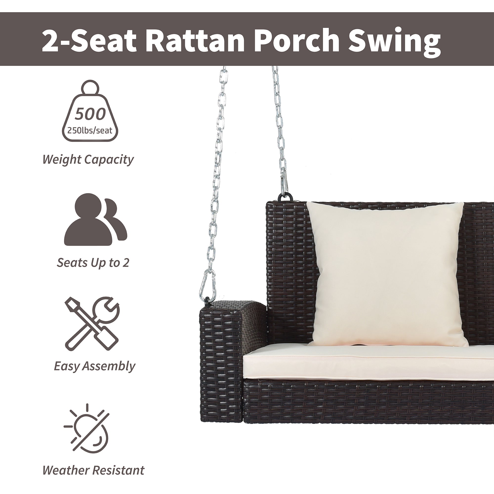 2-Person Wicker Hanging Porch Swing with Chains, Cushion and Pillow BOGOOS01BRO-BEG