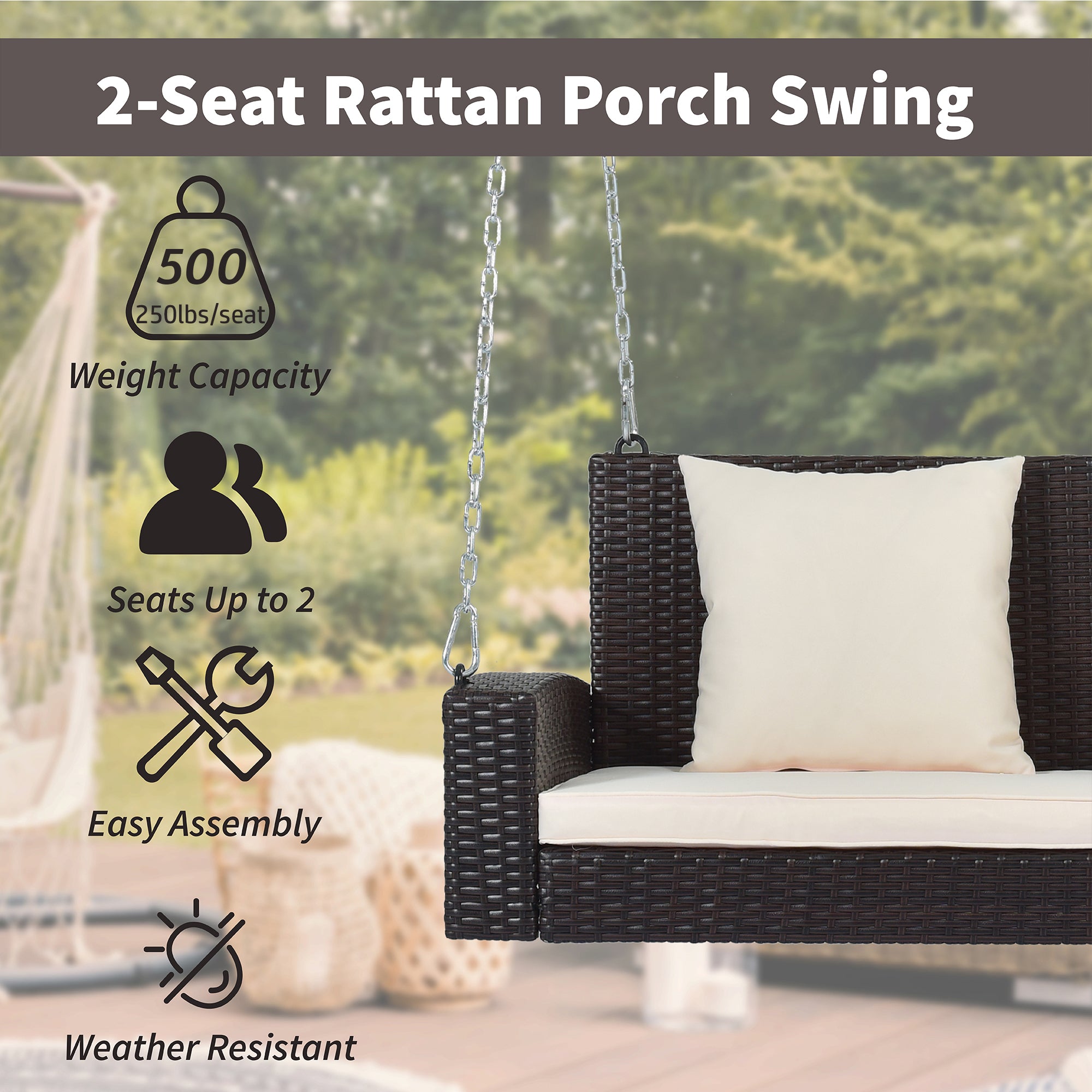 2-Person Wicker Hanging Porch Swing with Chains, Cushion and Pillow BOGOOS01BRO-BEG