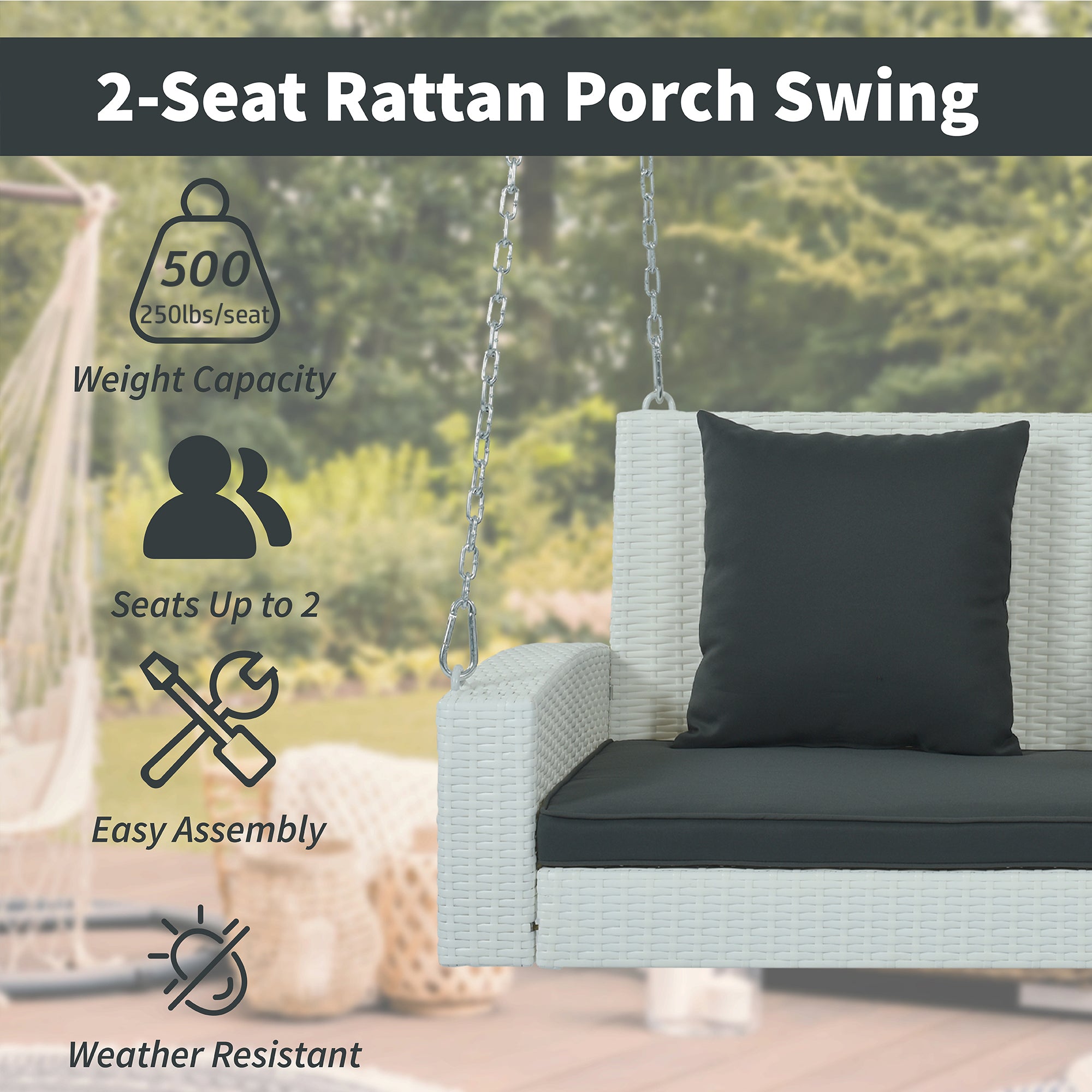 2-Person Wicker Hanging Porch Swing with Chains, Cushion and Pillow BOGOOS01W-G