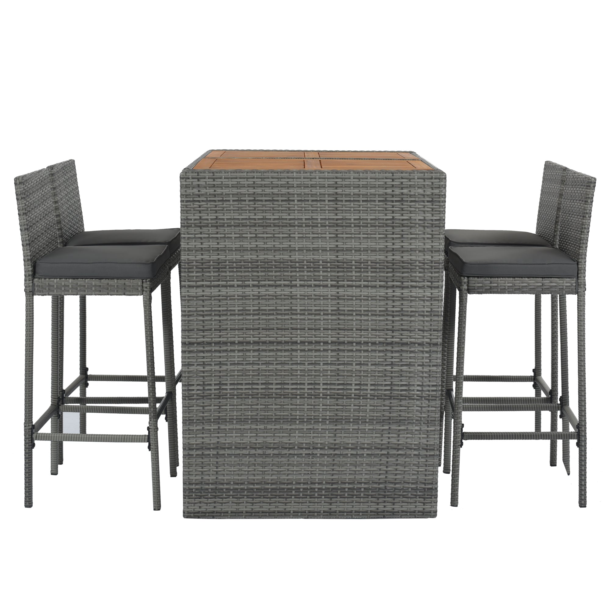 5-piece Outdoor Patio Wicker Bar Set with Non-Slip Feet Acacia Wood Table Top and Removable Cushion BOGOPD04B-GRA