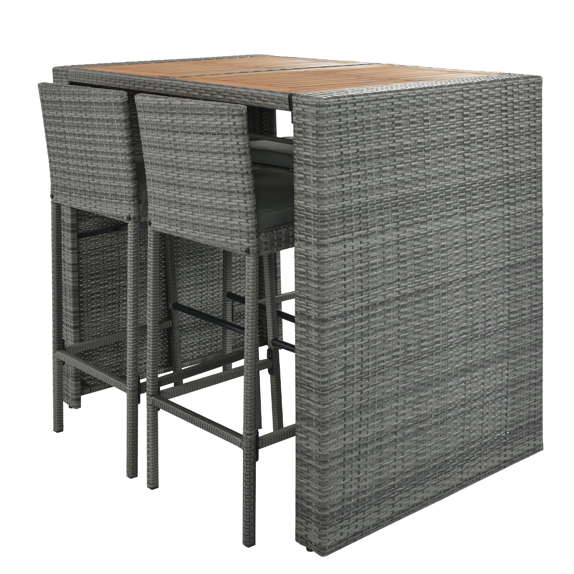 5-piece Outdoor Patio Wicker Bar Set with Non-Slip Feet Acacia Wood Table Top and Removable Cushion BOGOPD04B-GRA
