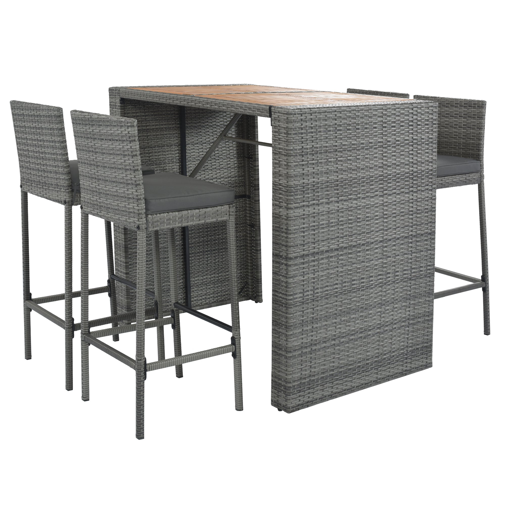 5-piece Outdoor Patio Wicker Bar Set with Non-Slip Feet Acacia Wood Table Top and Removable Cushion BOGOPD04B-GRA