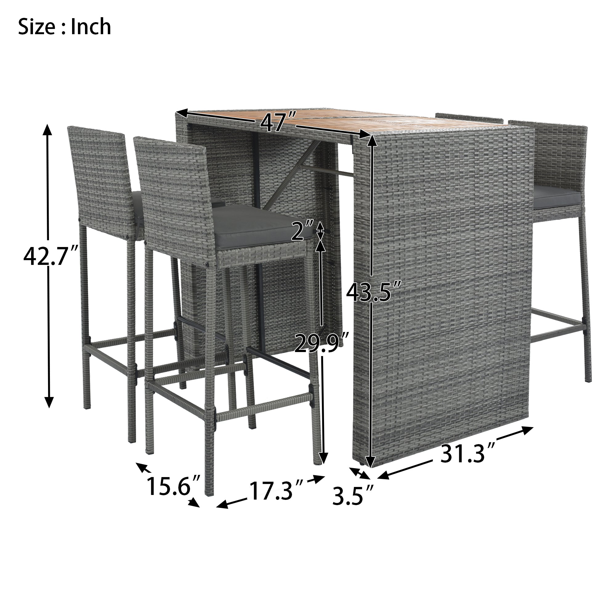 5-piece Outdoor Patio Wicker Bar Set with Non-Slip Feet Acacia Wood Table Top and Removable Cushion BOGOPD04B-GRA