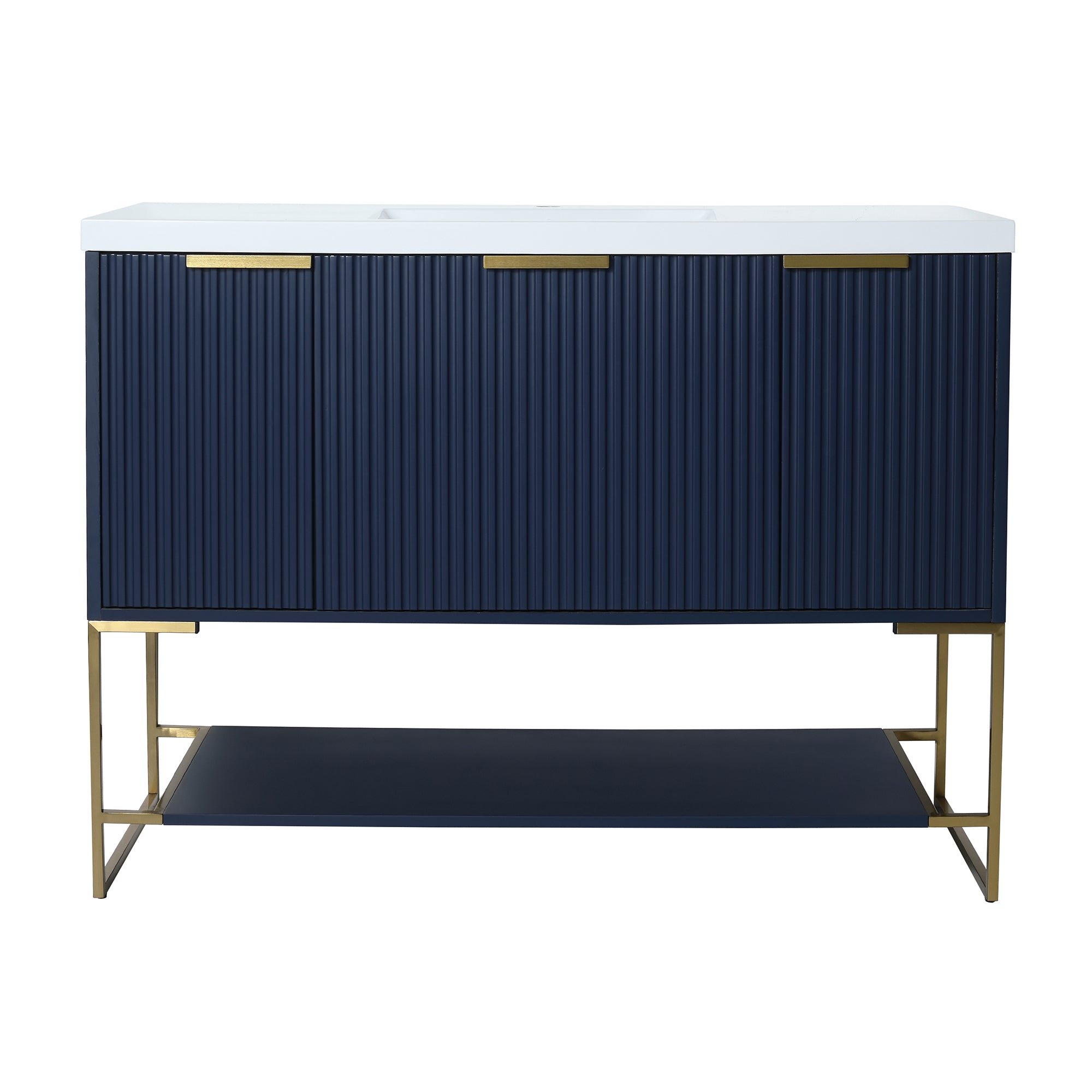 48 inch Navy Blue Plywood Freestanding Bathroom Vanity Set with Doors and Drawer and Open shelf and Integrated Resin Sink