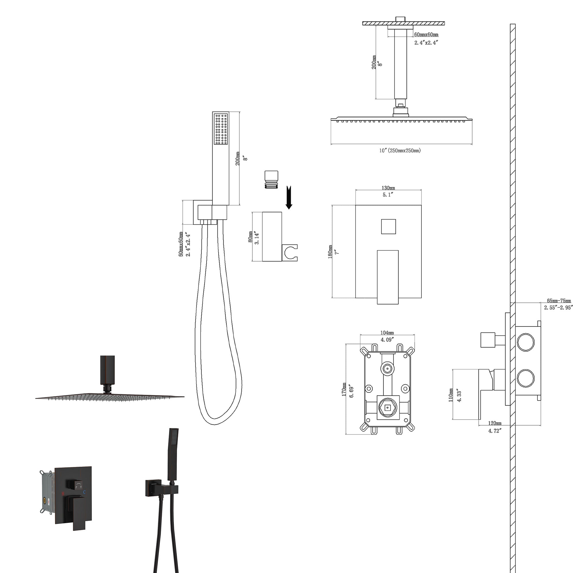 10 Inch Ceiling Mount Square Shower System with Rough-in Valve