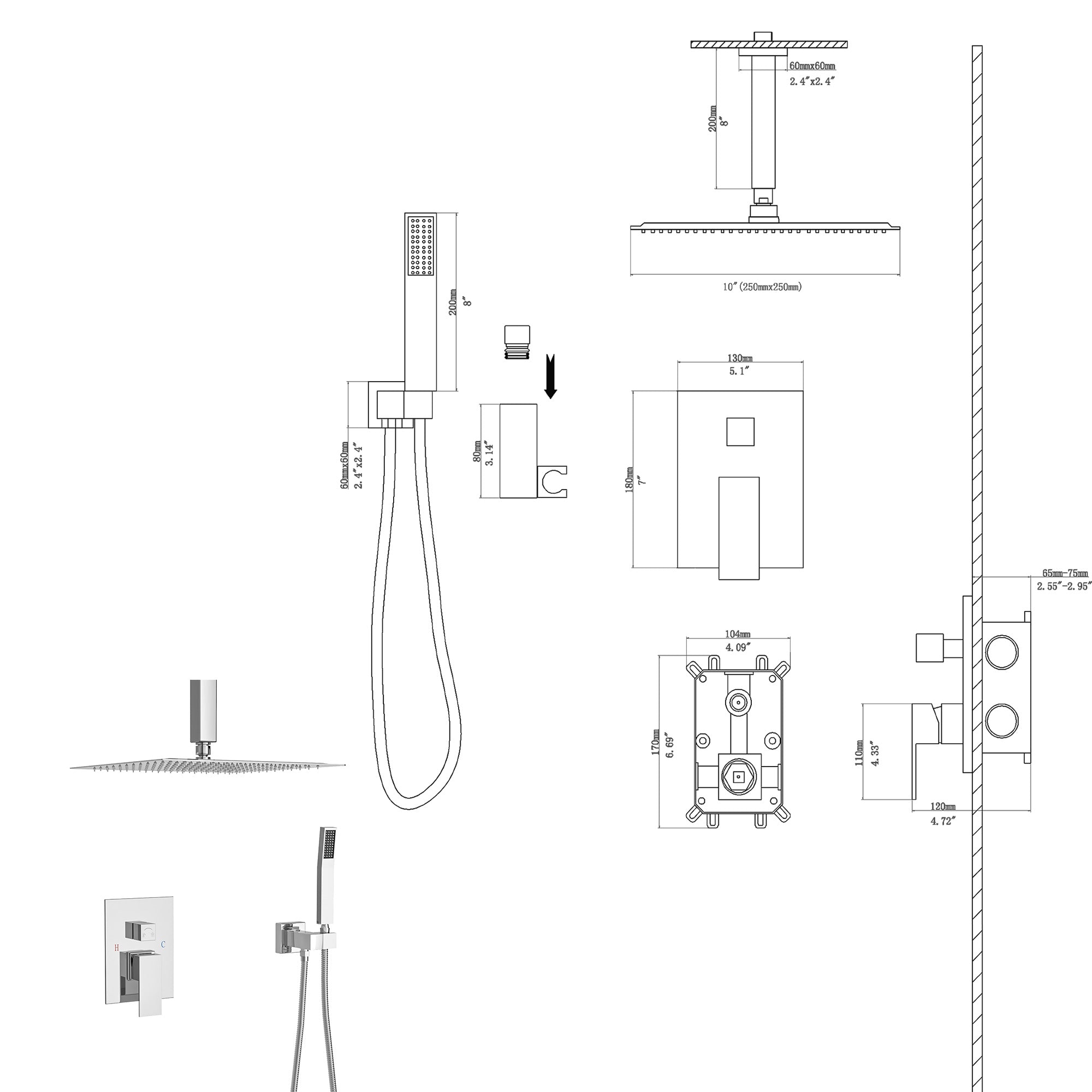 10 Inch Ceiling Mount Square Shower System with Rough-in Valve