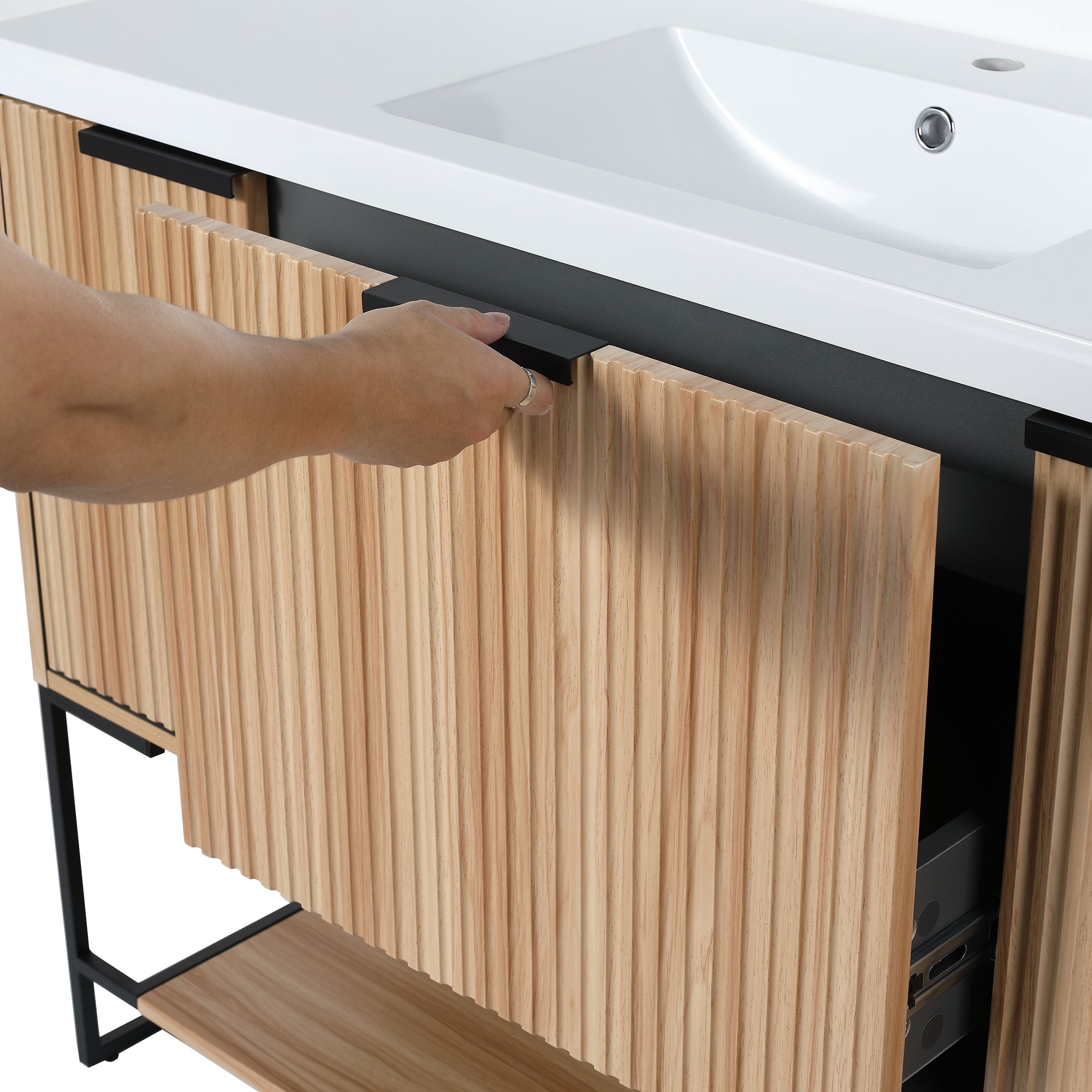 48 inch Plywood Freestanding Bathroom Vanity Set with Doors and Drawer and Open shelf and Integrated Resin Sink