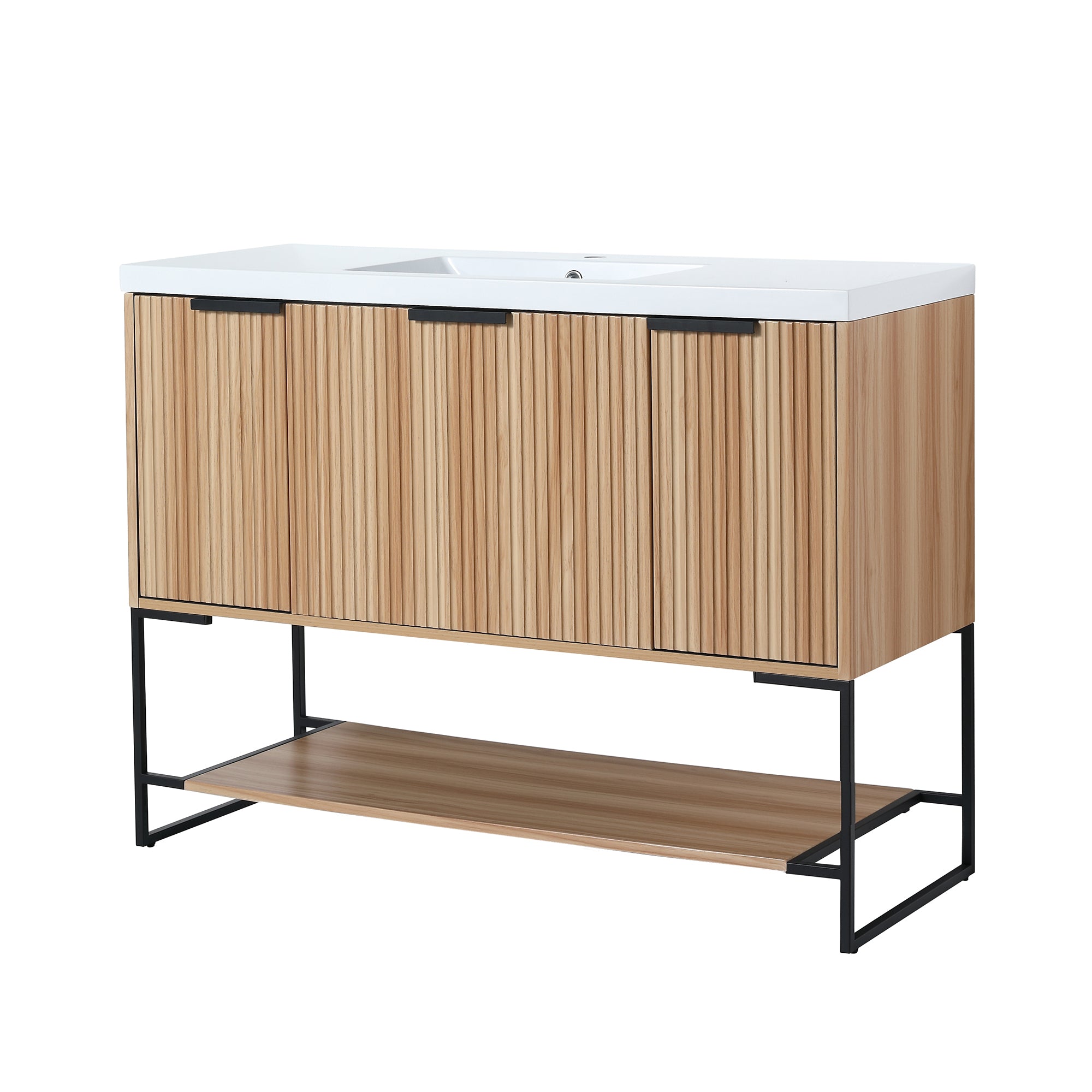 48 inch Plywood Freestanding Bathroom Vanity Set with Doors and Drawer and Open shelf and Integrated Resin Sink