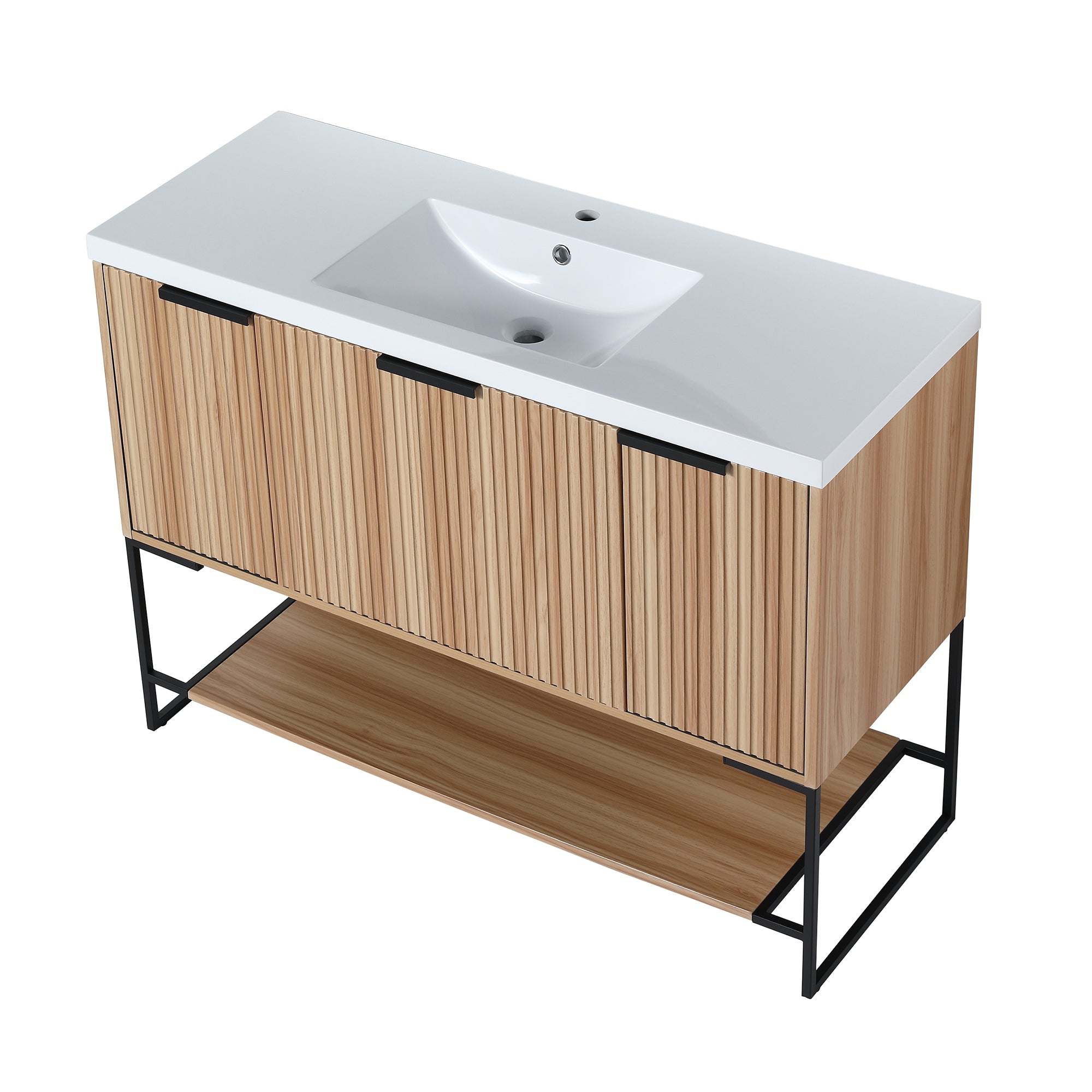 48 inch Plywood Freestanding Bathroom Vanity Set with Doors and Drawer and Open shelf and Integrated Resin Sink