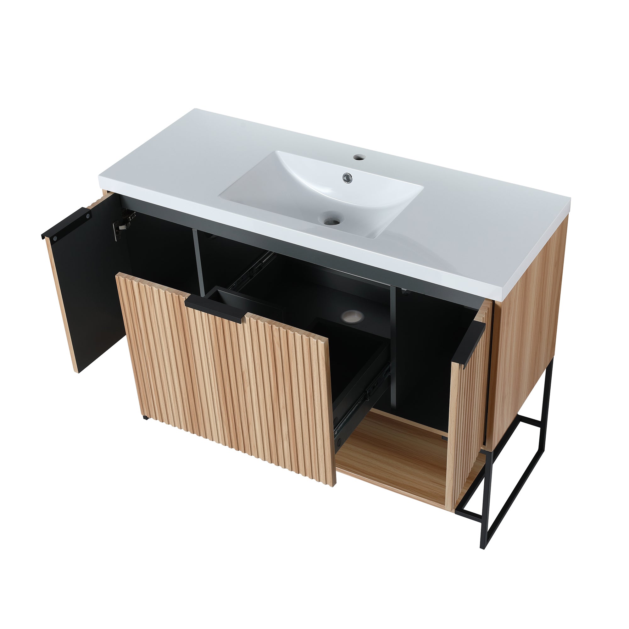 48 inch Plywood Freestanding Bathroom Vanity Set with Doors and Drawer and Open shelf and Integrated Resin Sink