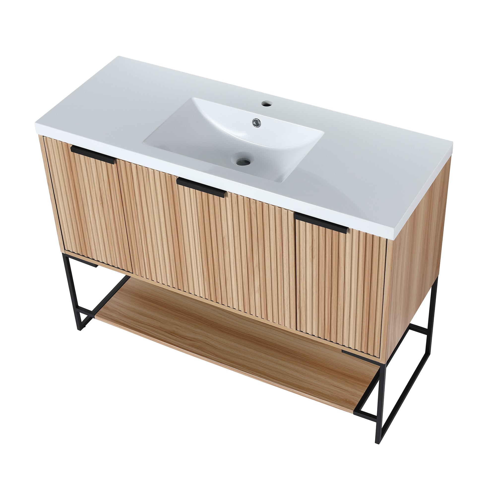 48 inch Plywood Freestanding Bathroom Vanity Set with Doors and Drawer and Open shelf and Integrated Resin Sink