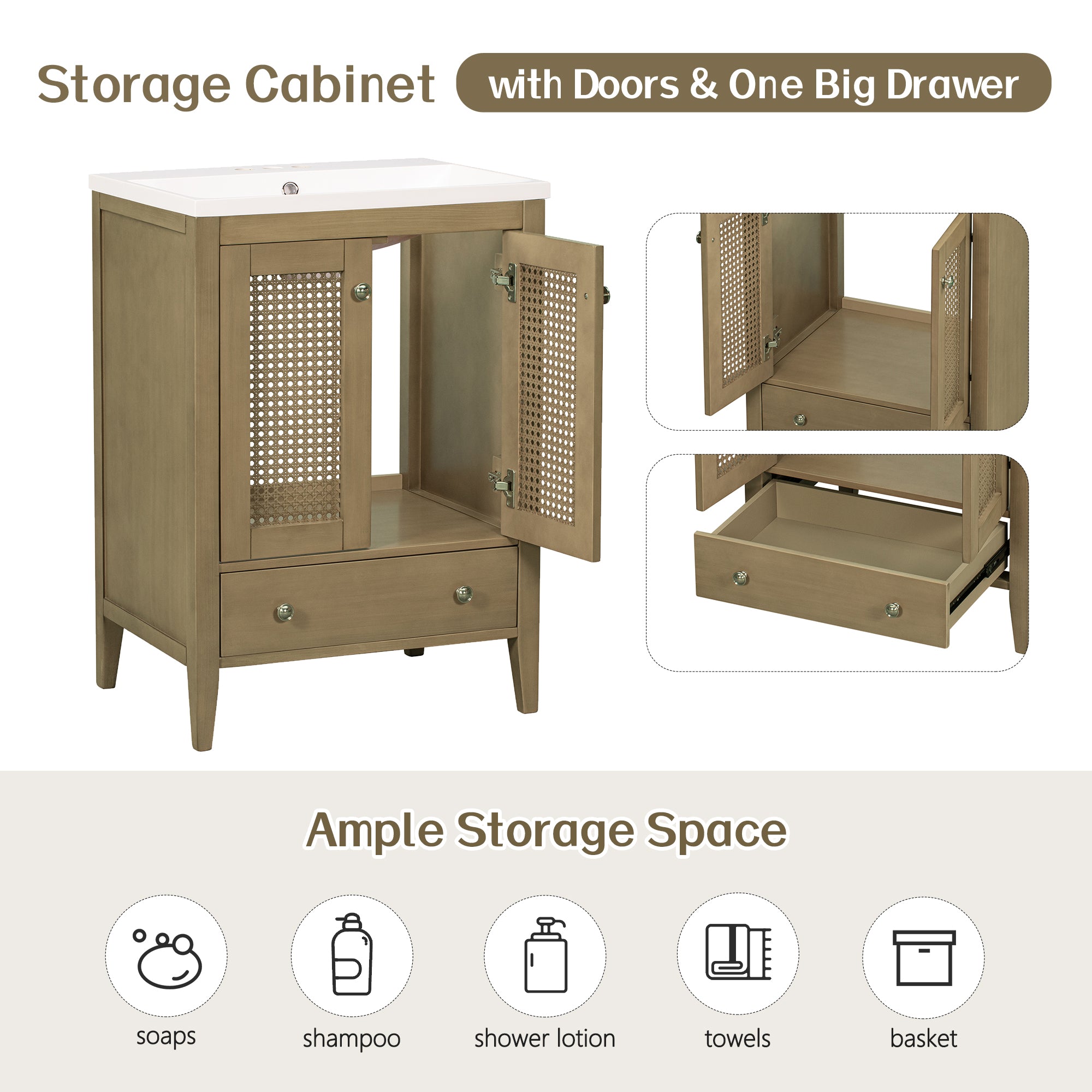 24” in. MDF Freestanding Bathroom Vanity Base in Natural with Door and Drawer, without Sink