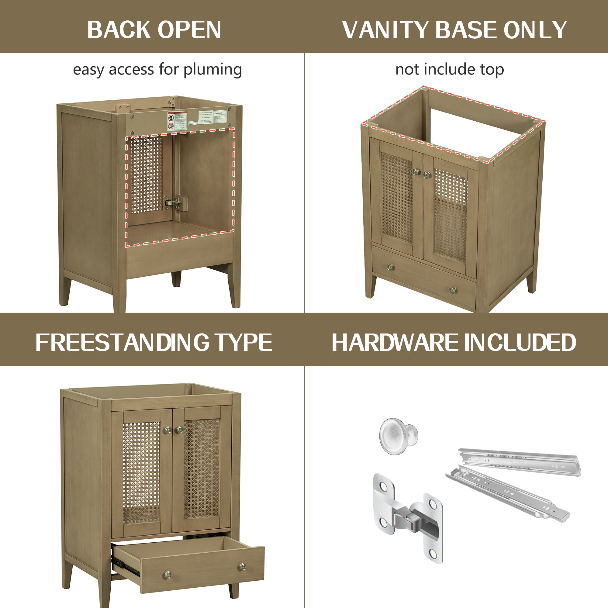 24” in. MDF Freestanding Bathroom Vanity Base in Natural with Door and Drawer, without Sink