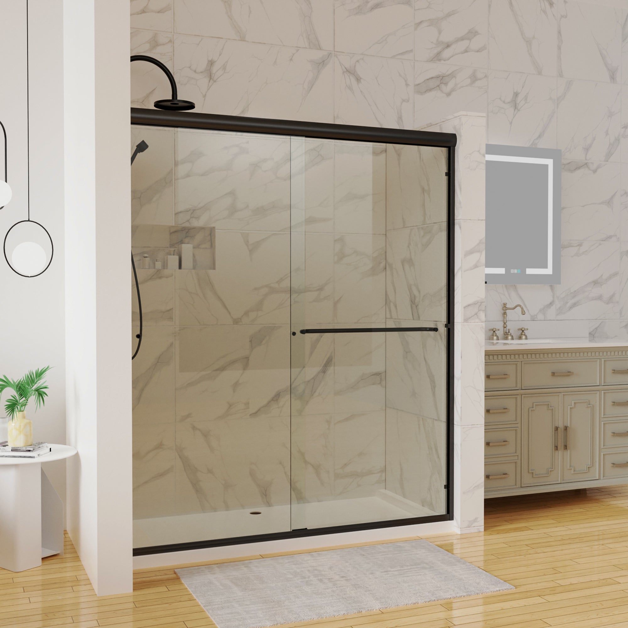 34 in. W X 72 in. H Semi-Frameless Pivot Shower Door in Matte Black with Clear Glass