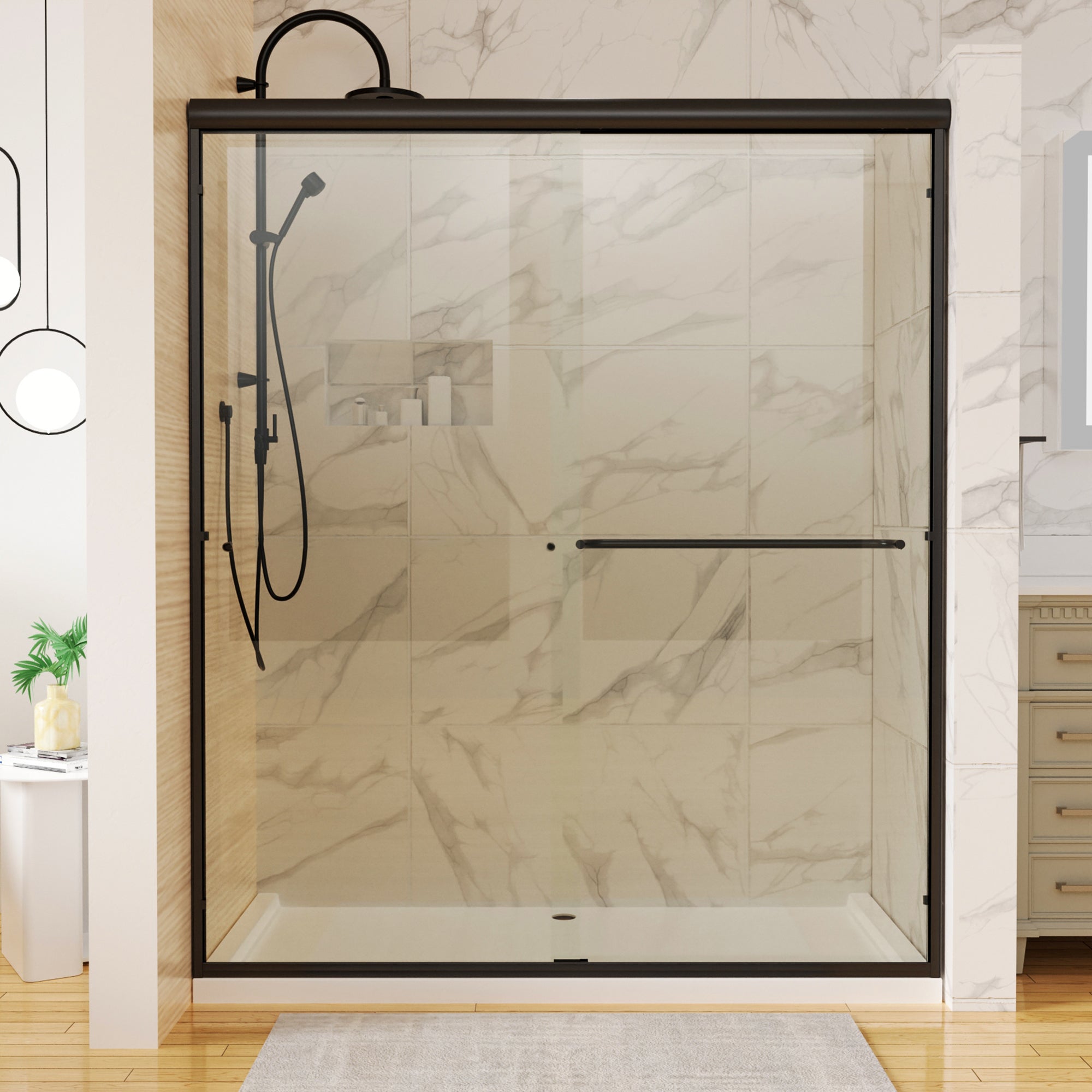 34 in. W X 72 in. H Semi-Frameless Pivot Shower Door in Matte Black with Clear Glass