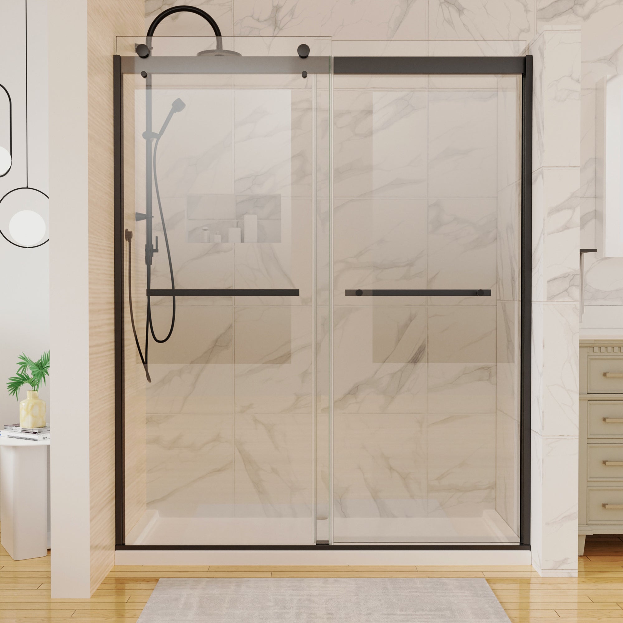 34 in. W X 72 in. H Semi-Frameless Pivot Shower Door in Matte Black with Clear Glass