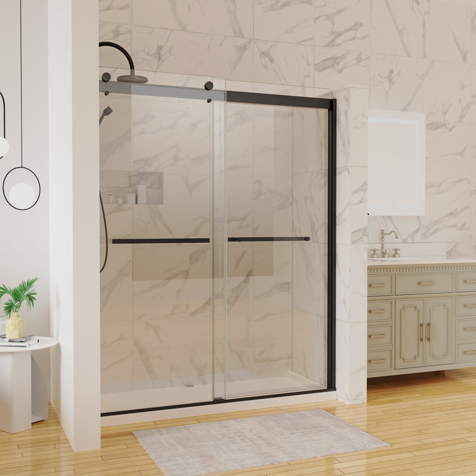 34 in. W X 72 in. H Semi-Frameless Pivot Shower Door in Matte Black with Clear Glass