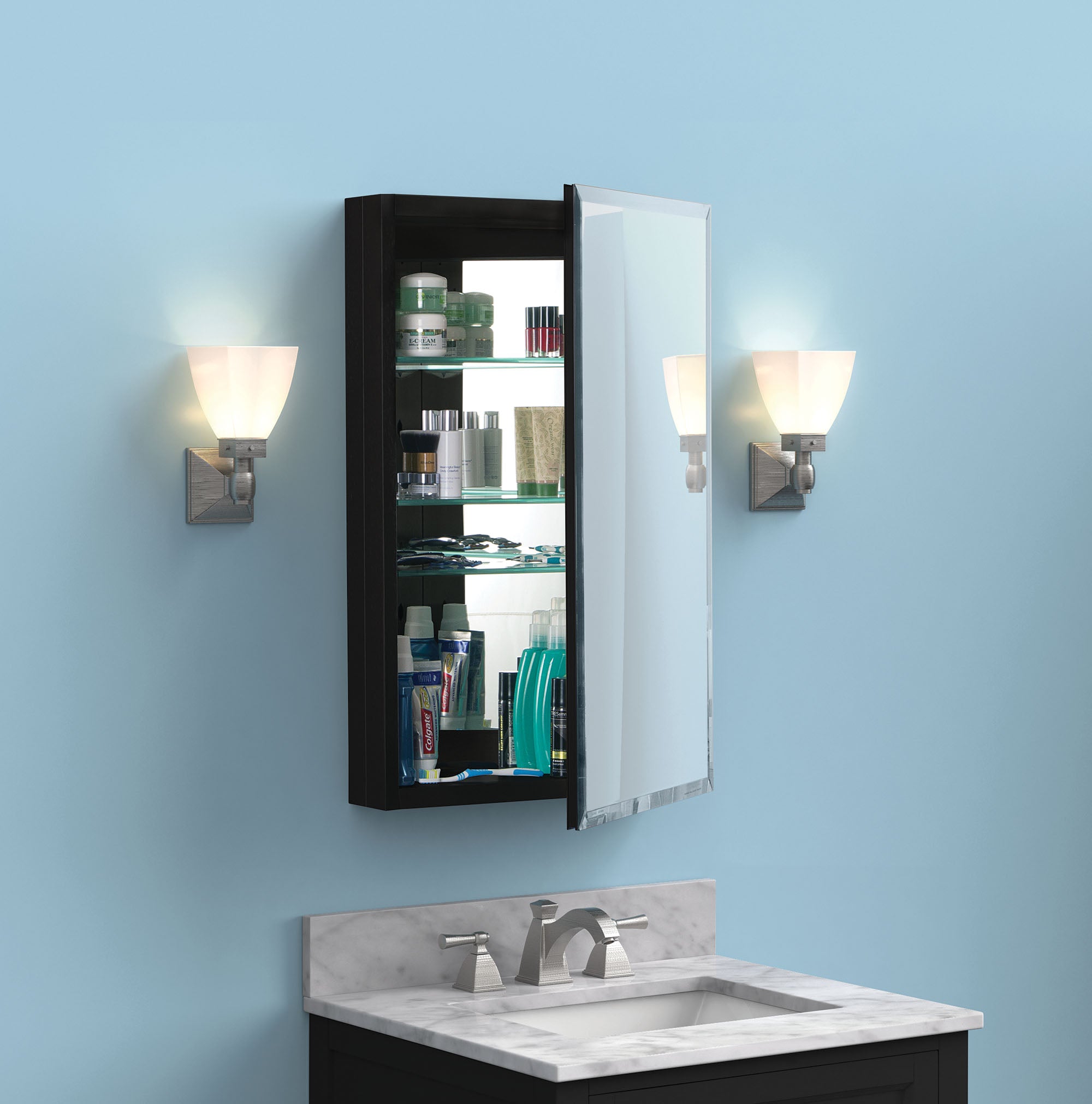 Surface Mount/Recessed Rectangular Aluminum Framed Medicine Cabinet with Mirror and Shelves