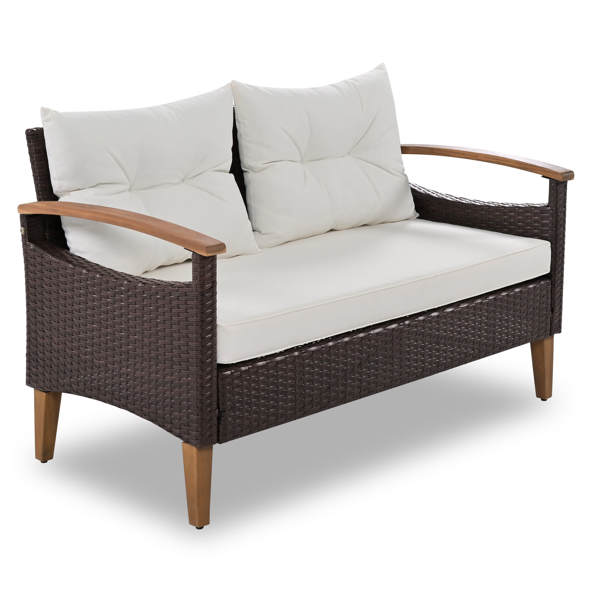 4-Piece PE Rattan Outdoor Sofa Set with Cushions, Wood Table and Legs BOGOPS13BE