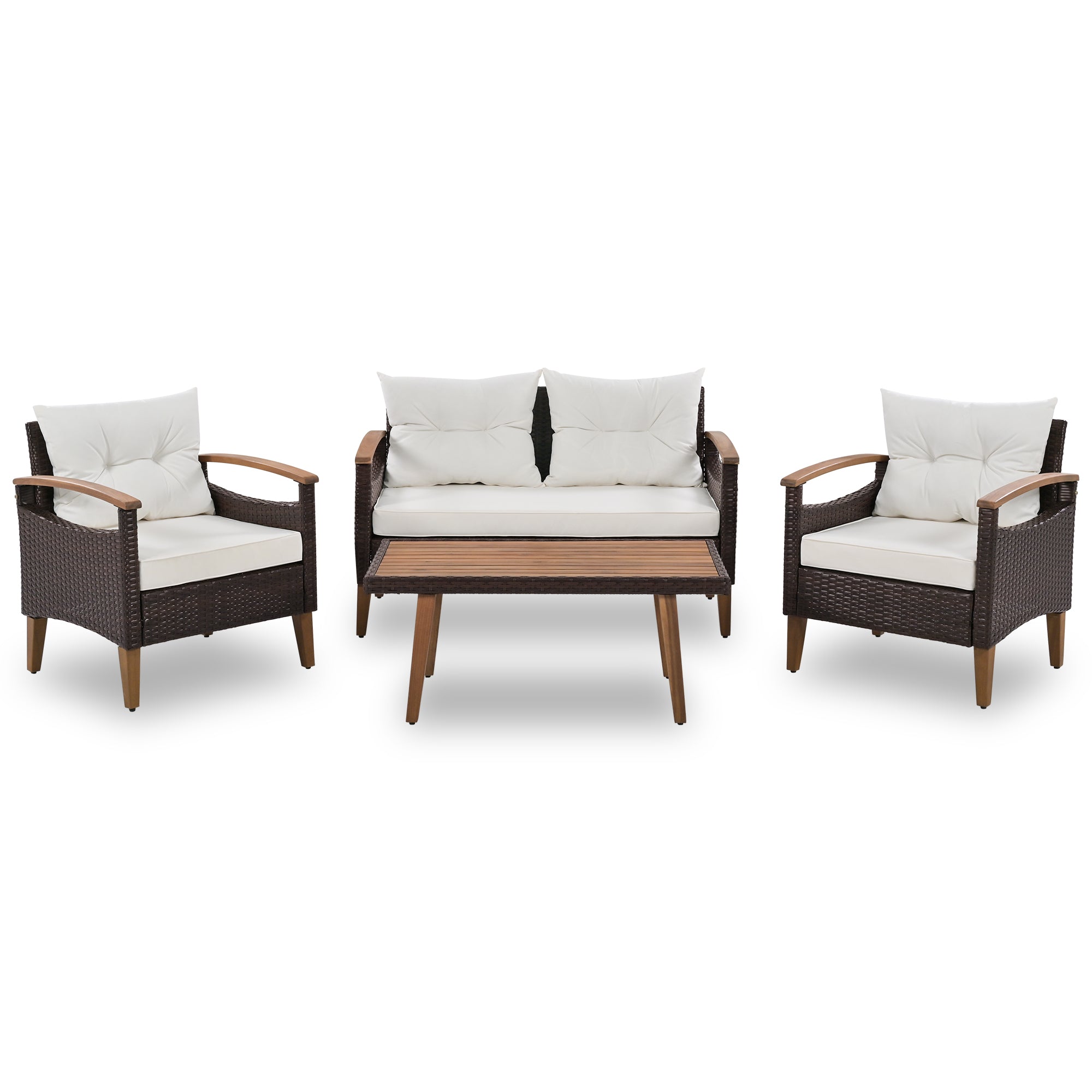 4-Piece PE Rattan Outdoor Sofa Set with Cushions, Wood Table and Legs BOGOPS13BE