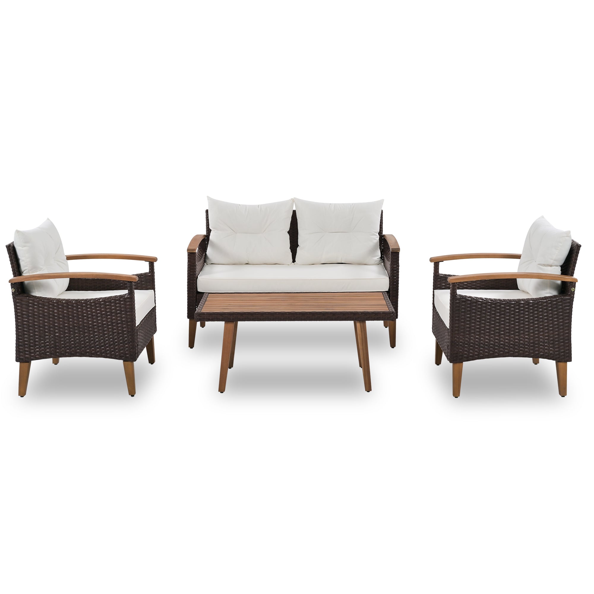 4-Piece PE Rattan Outdoor Sofa Set with Cushions, Wood Table and Legs BOGOPS13BE