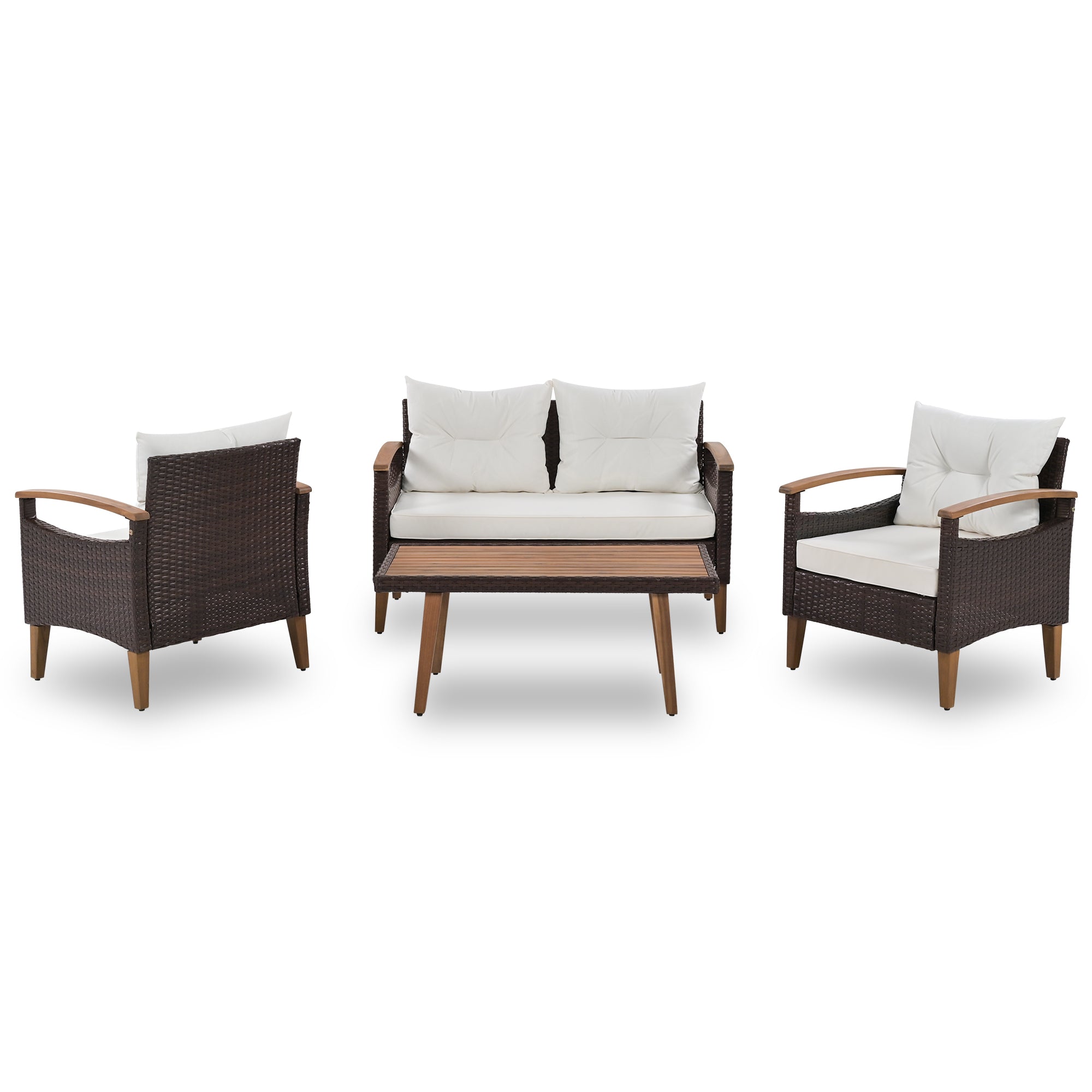 4-Piece PE Rattan Outdoor Sofa Set with Cushions, Wood Table and Legs BOGOPS13BE