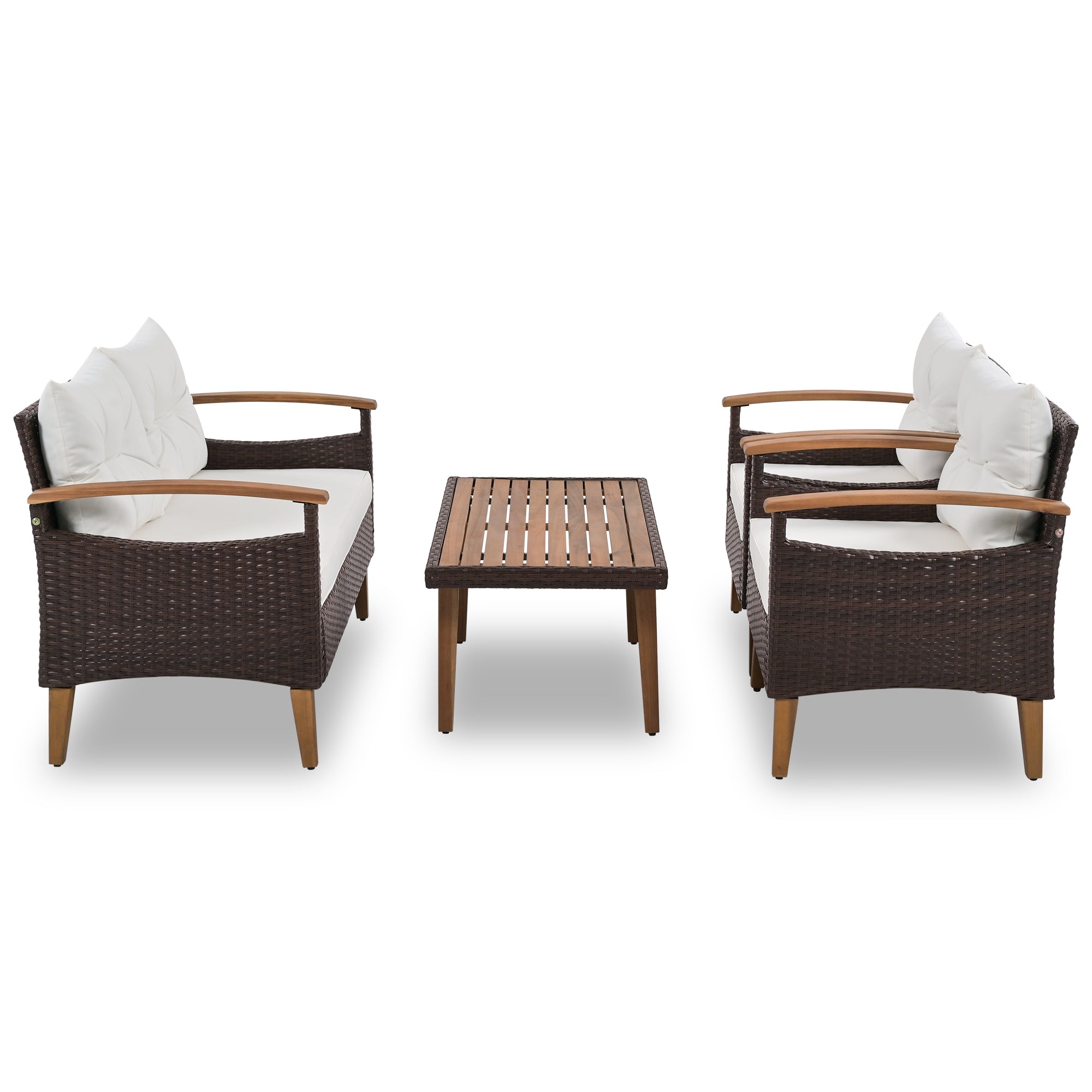 4-Piece PE Rattan Outdoor Sofa Set with Cushions, Wood Table and Legs BOGOPS13BE