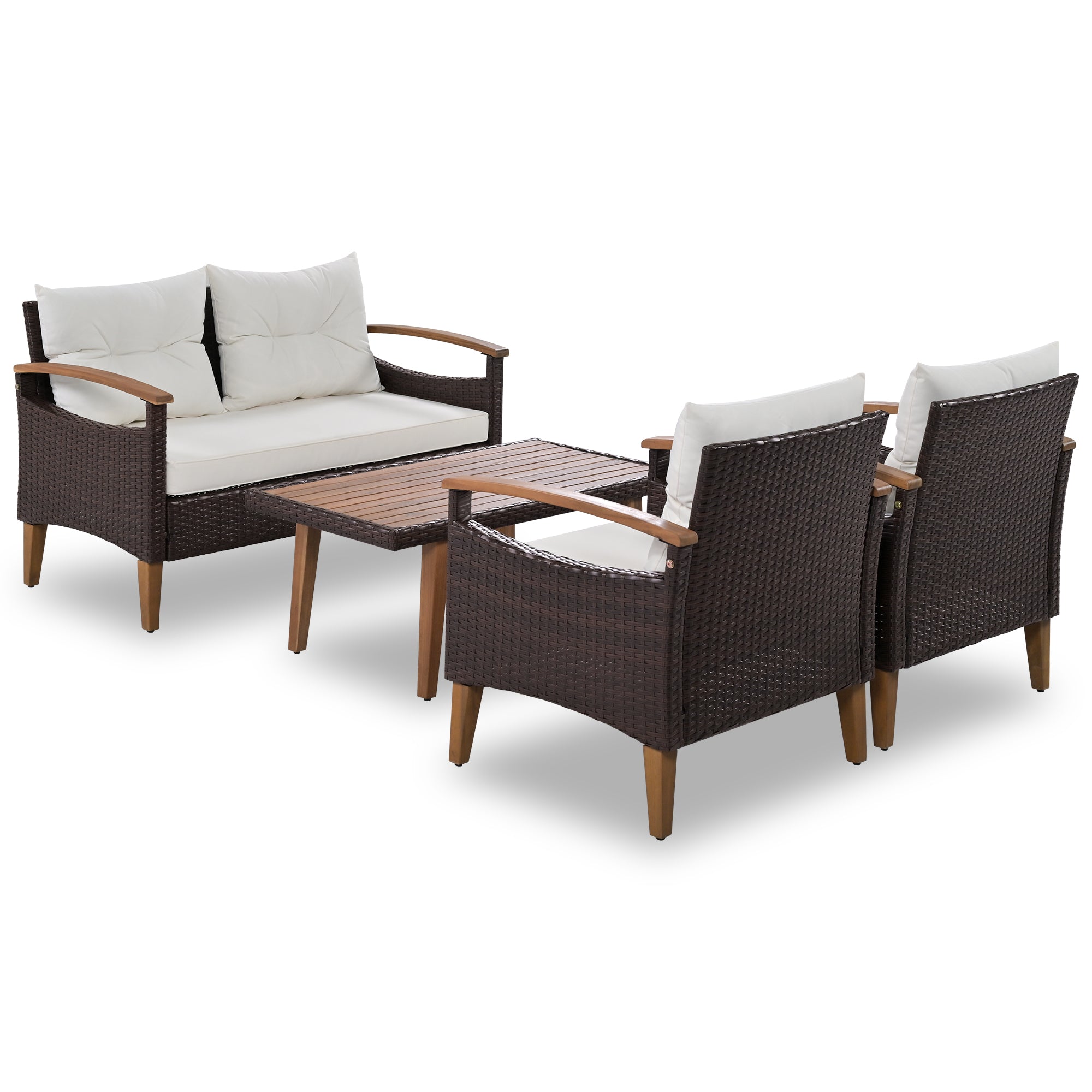 4-Piece PE Rattan Outdoor Sofa Set with Cushions, Wood Table and Legs BOGOPS13BE