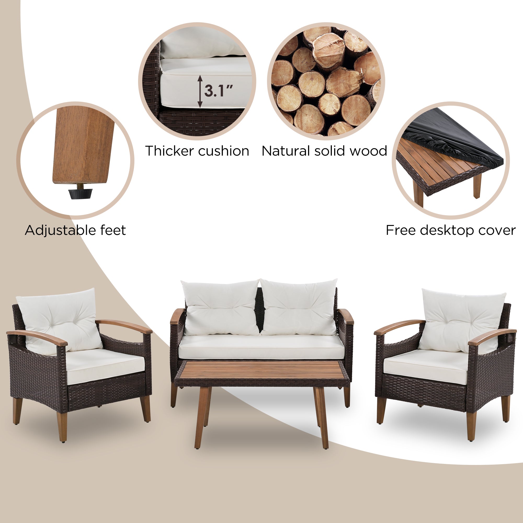 4-Piece PE Rattan Outdoor Sofa Set with Cushions, Wood Table and Legs BOGOPS13BE