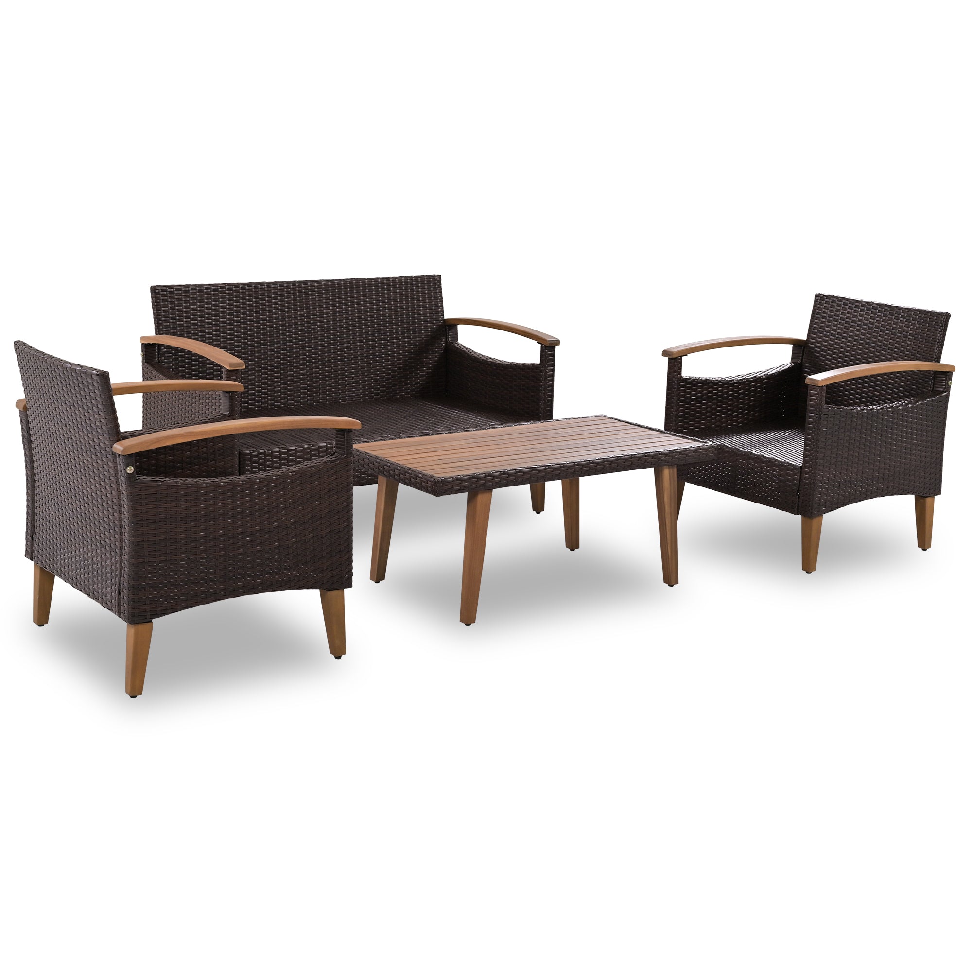 4-Piece Outdoor Patio PE Rattan Sofa Set with Wood Table and Legs and Cushions BOGOPS13BE