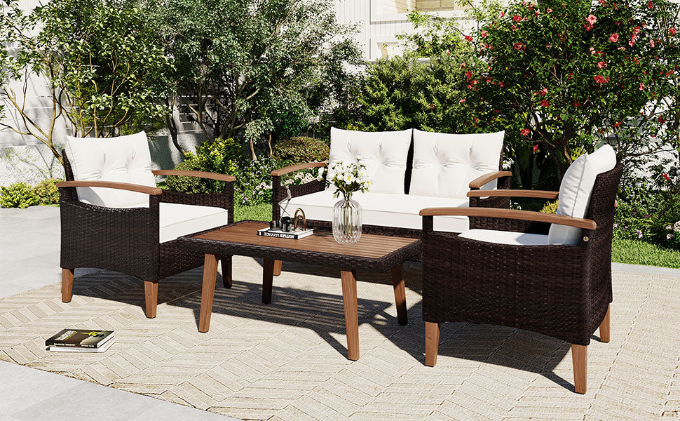 4-Piece PE Rattan Outdoor Sofa Set with Cushions, Wood Table and Legs BOGOPS13BE