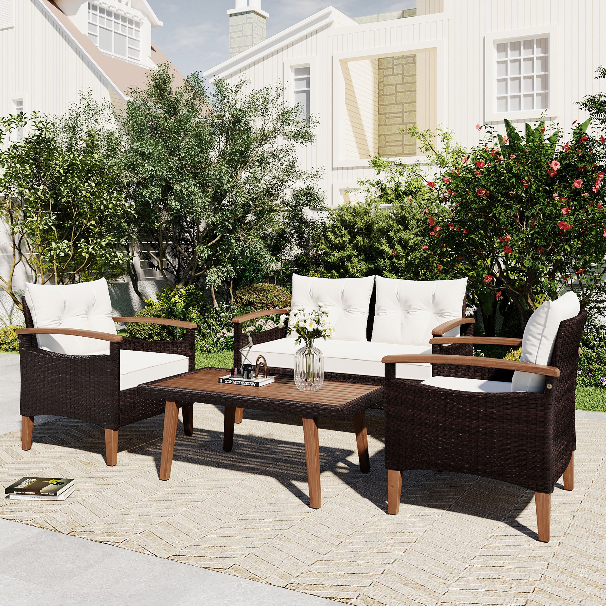 4-Piece PE Rattan Outdoor Sofa Set with Cushions, Wood Table and Legs BOGOPS13BE