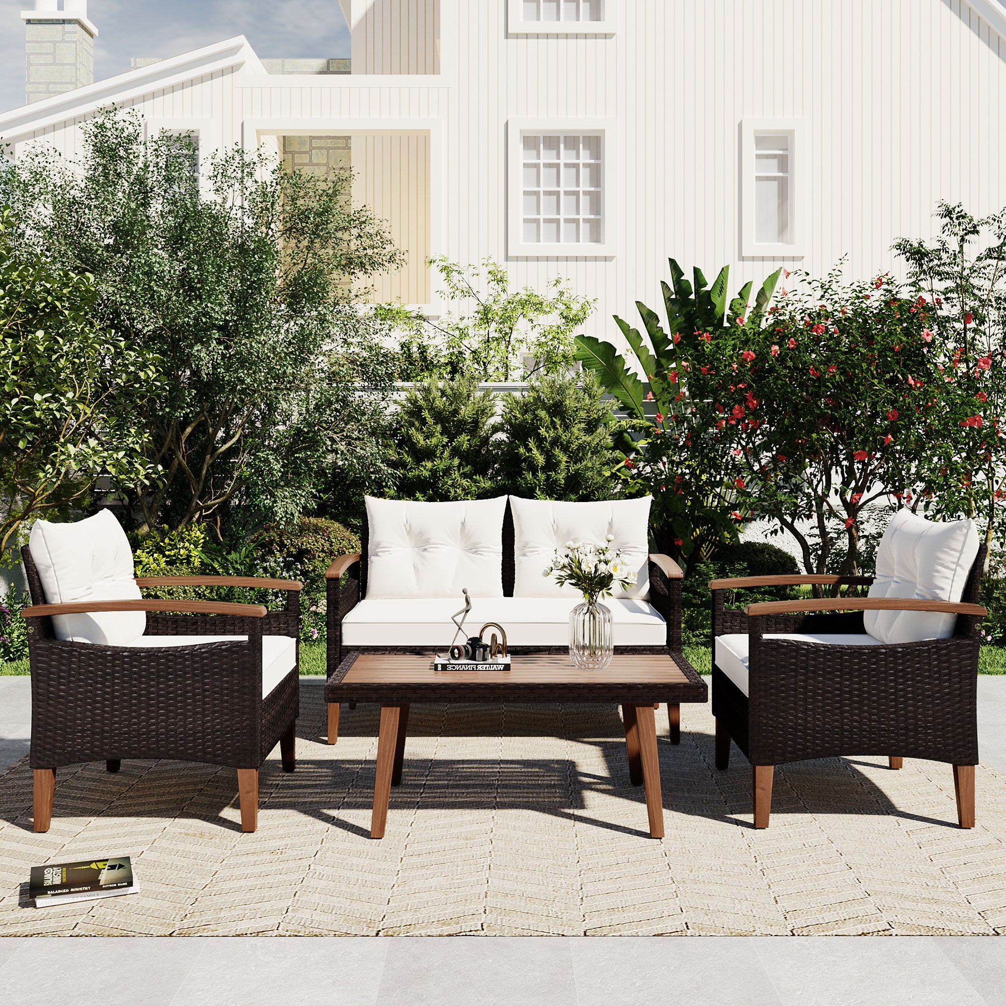 4-Piece PE Rattan Outdoor Sofa Set with Cushions, Wood Table and Legs BOGOPS13BE
