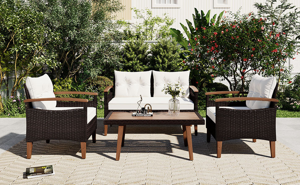 4-Piece PE Rattan Outdoor Sofa Set with Cushions, Wood Table and Legs BOGOPS13BE