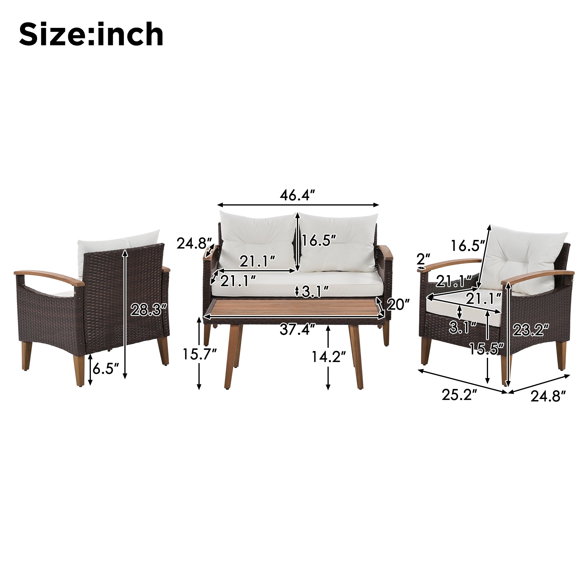 4-Piece PE Rattan Outdoor Sofa Set with Cushions, Wood Table and Legs BOGOPS13BE