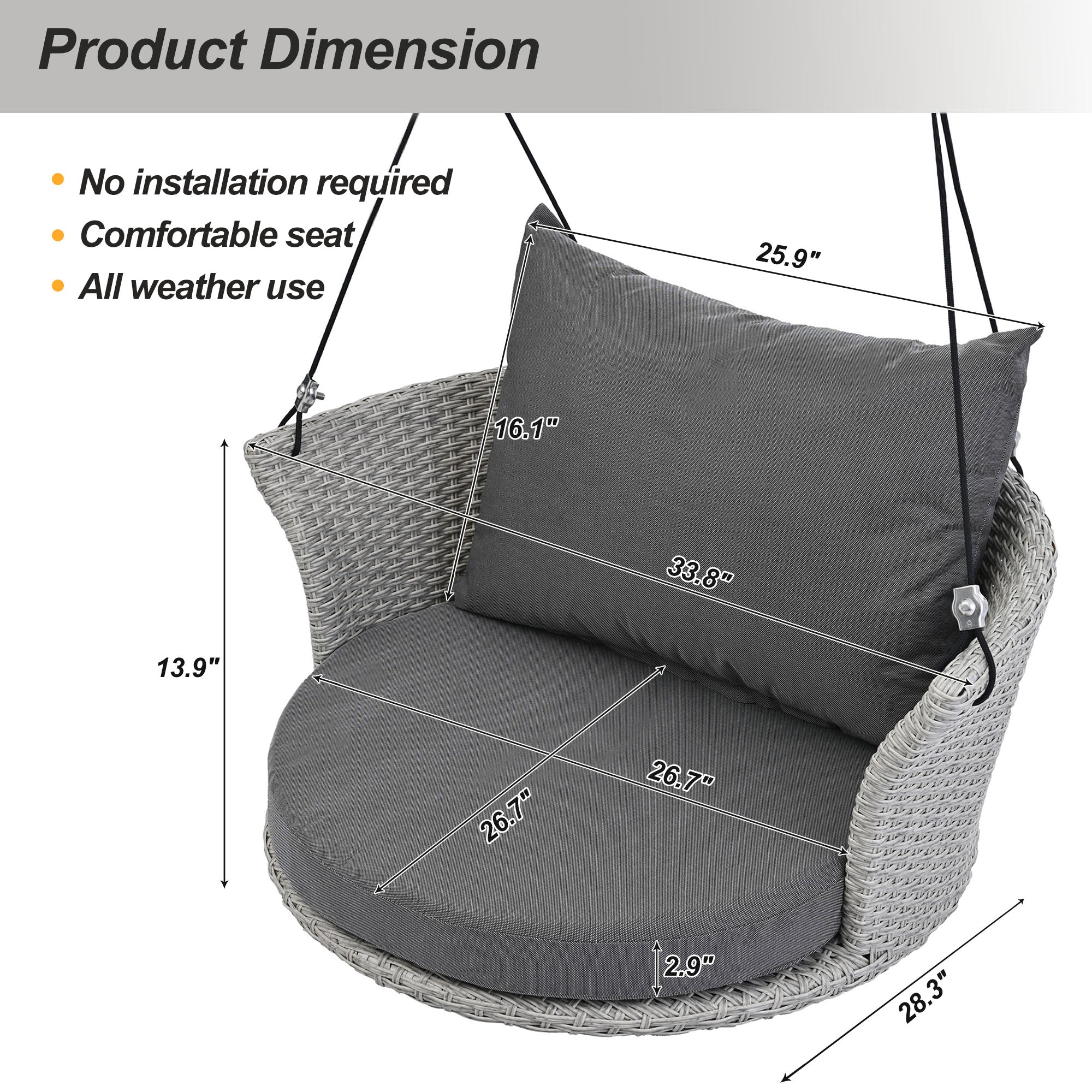 33.8" Single Person Rattan Woven Porch Swing with Ropes and Cushion BOGOOS03GR