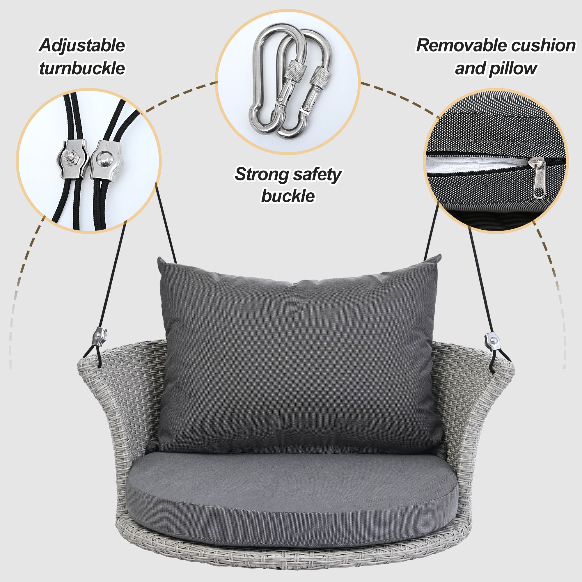33.8" Single Person Rattan Woven Porch Swing with Ropes and Cushion BOGOOS03GR