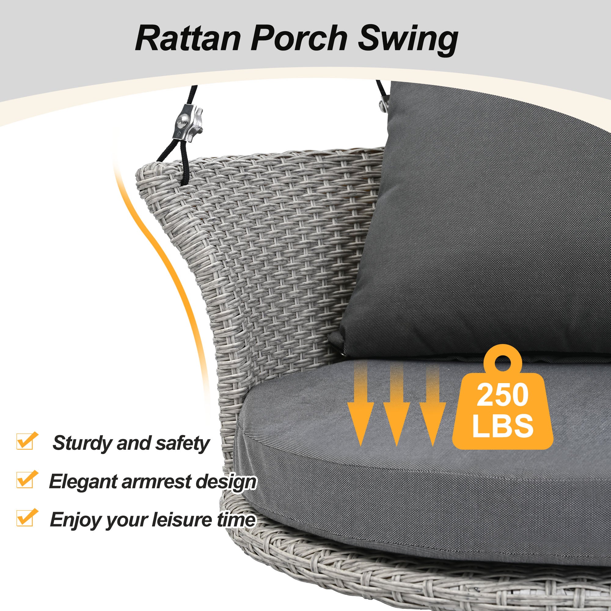 33.8" Single Person Rattan Woven Porch Swing with Ropes and Cushion BOGOOS03GR