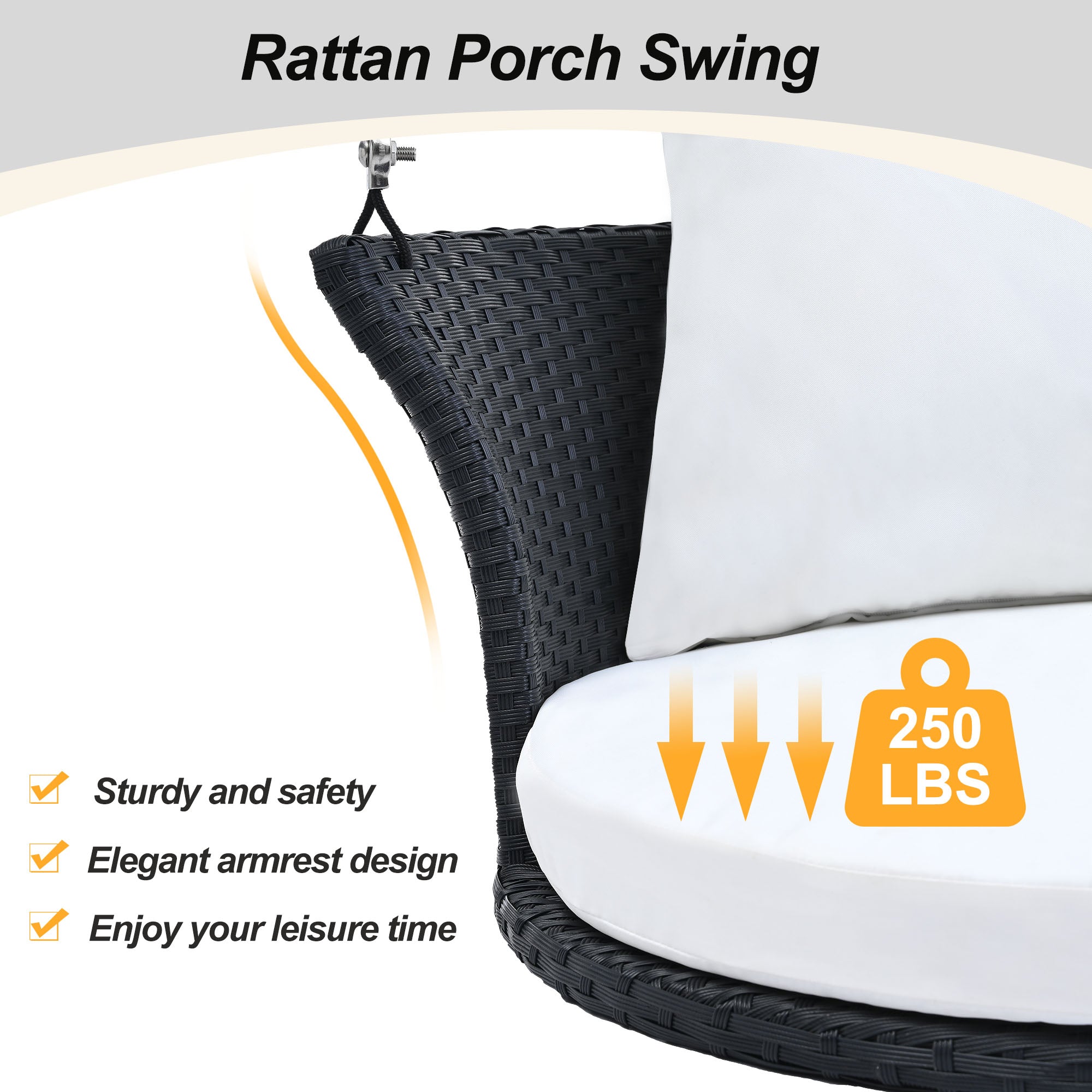 33.8" Single Person Rattan Woven Porch Swing with Ropes and Cushion BOGOOS03BW