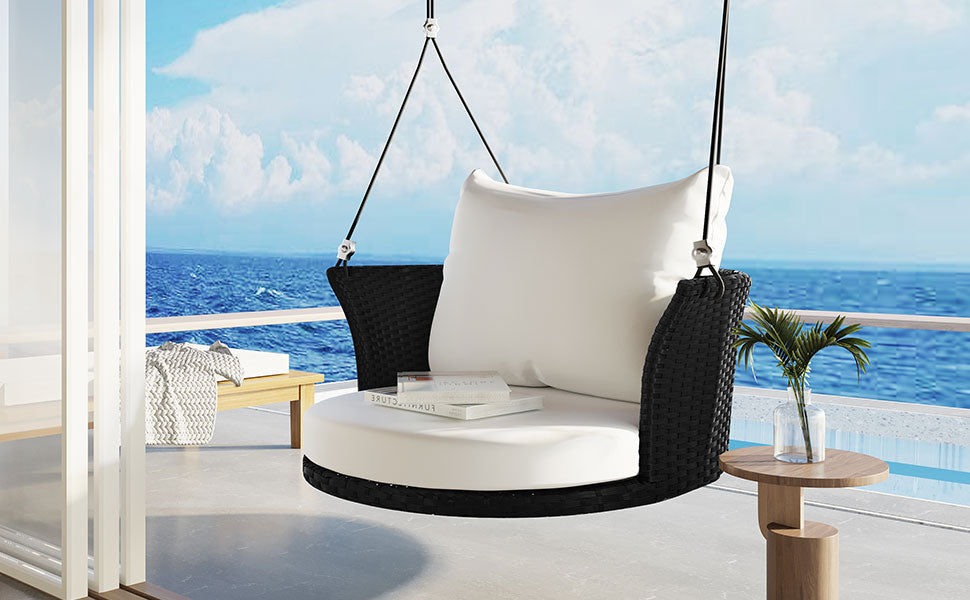 33.8" Single Person Rattan Woven Porch Swing with Ropes and Cushion BOGOOS03BW