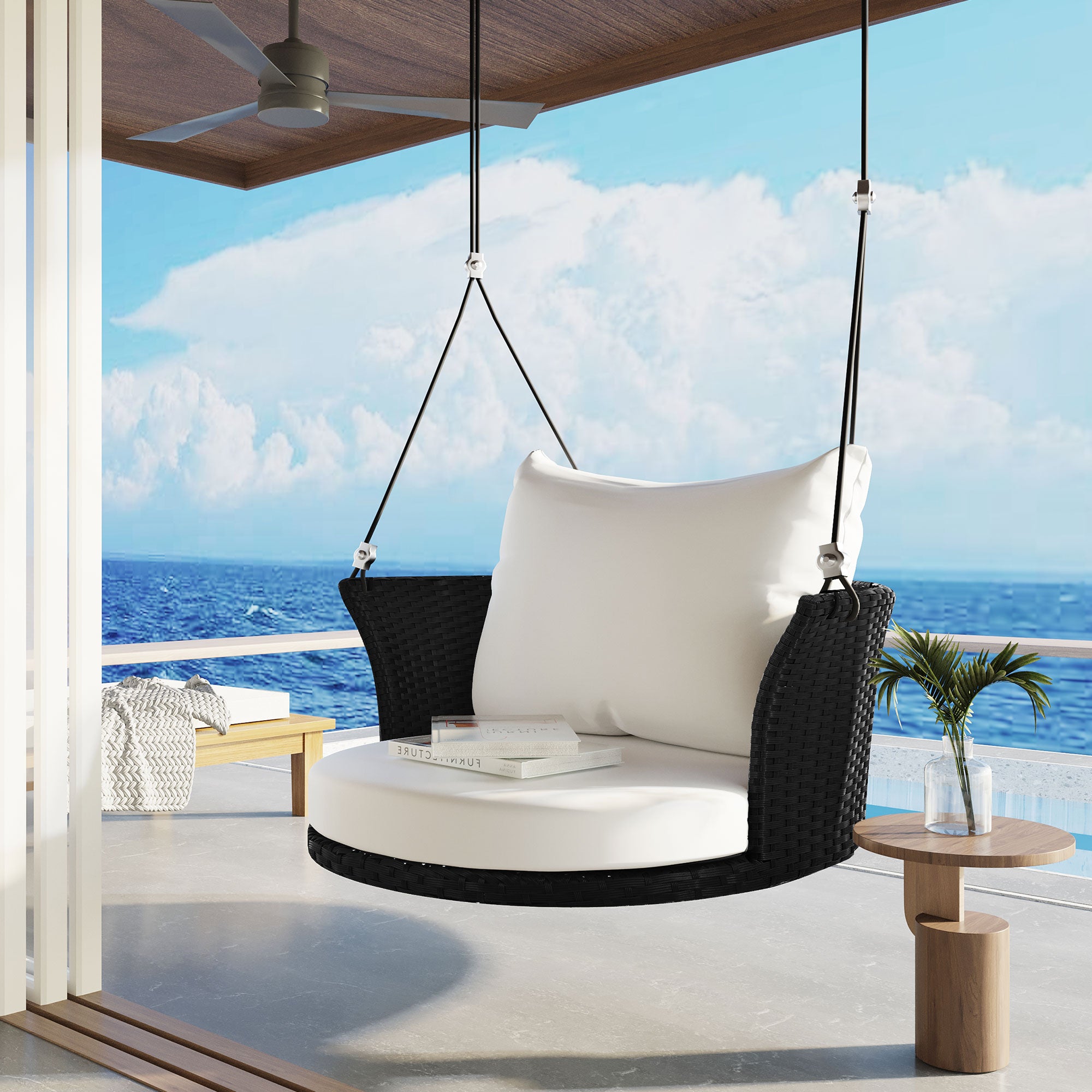 33.8" Single Person Rattan Woven Porch Swing with Ropes and Cushion BOGOOS03BW