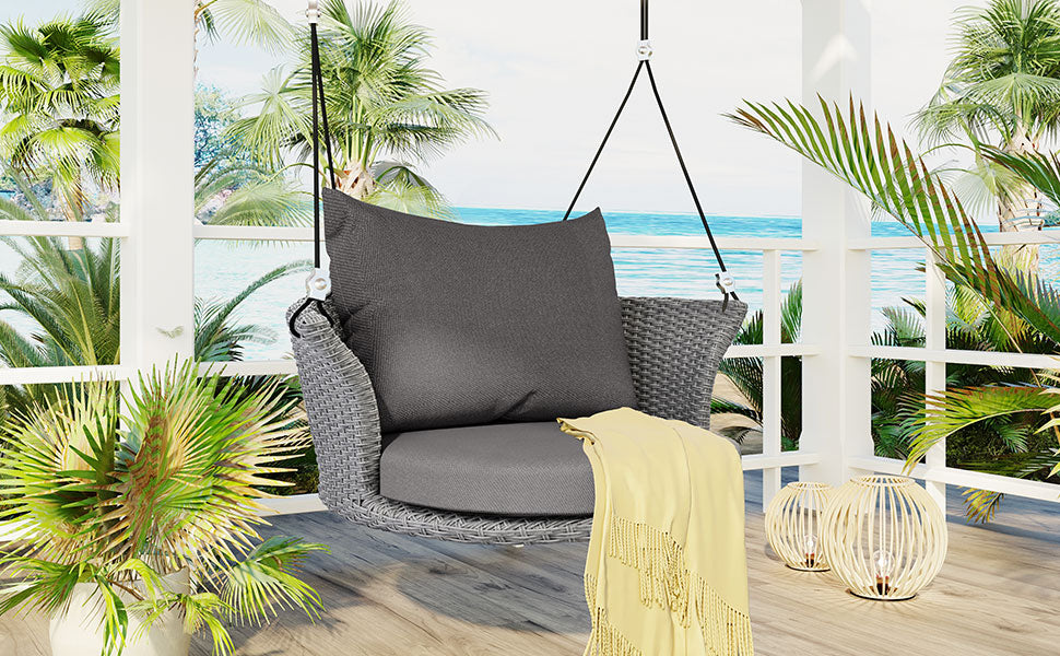 33.8" Single Person Rattan Woven Porch Swing with Ropes and Cushion BOGOOS03GR