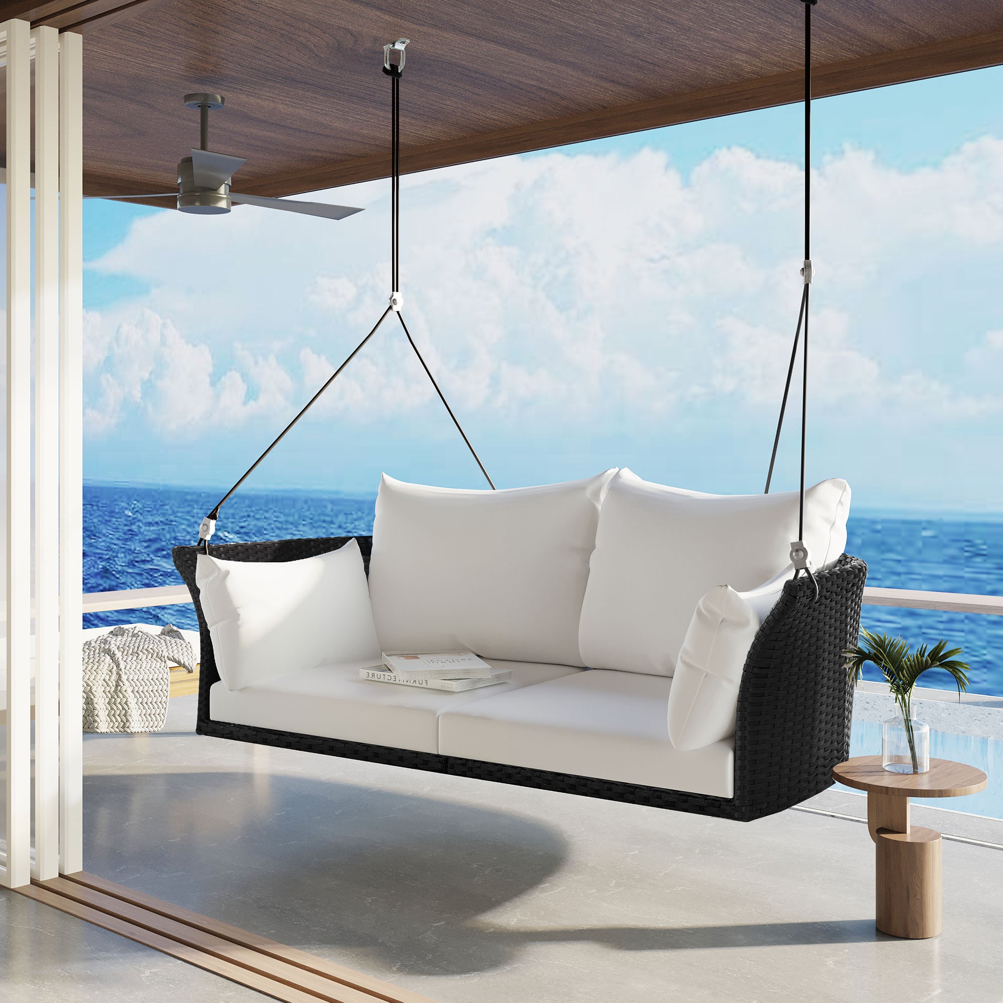 51.9" 2-Person Rattan Woven Swing Chair With Ropes and Cushion BOGOOS02B-W